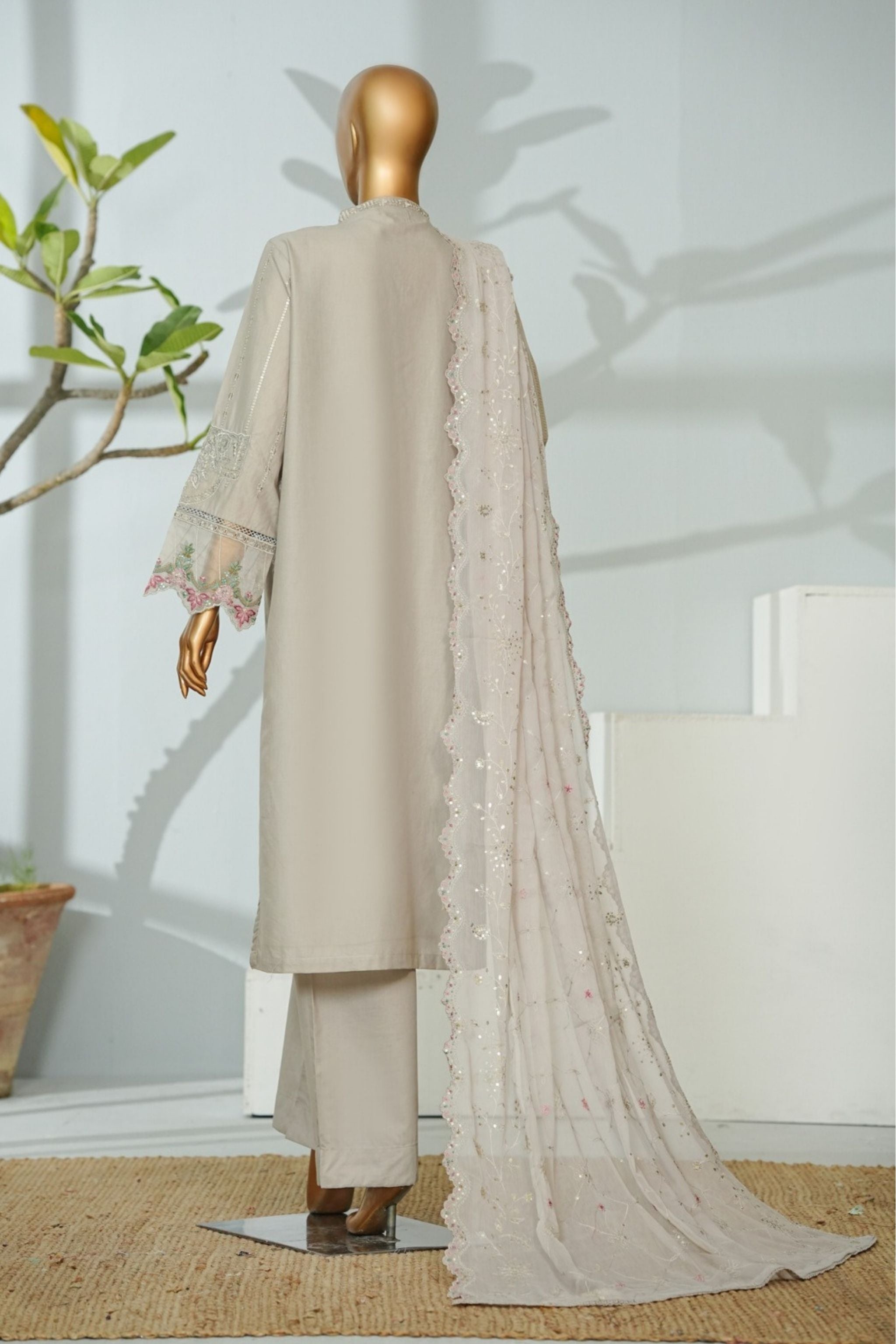 ECF-11 Bin Saeed Original Silver Grey Embroidered Cotton Fabric 3-Piece Suit - Size S-M-L