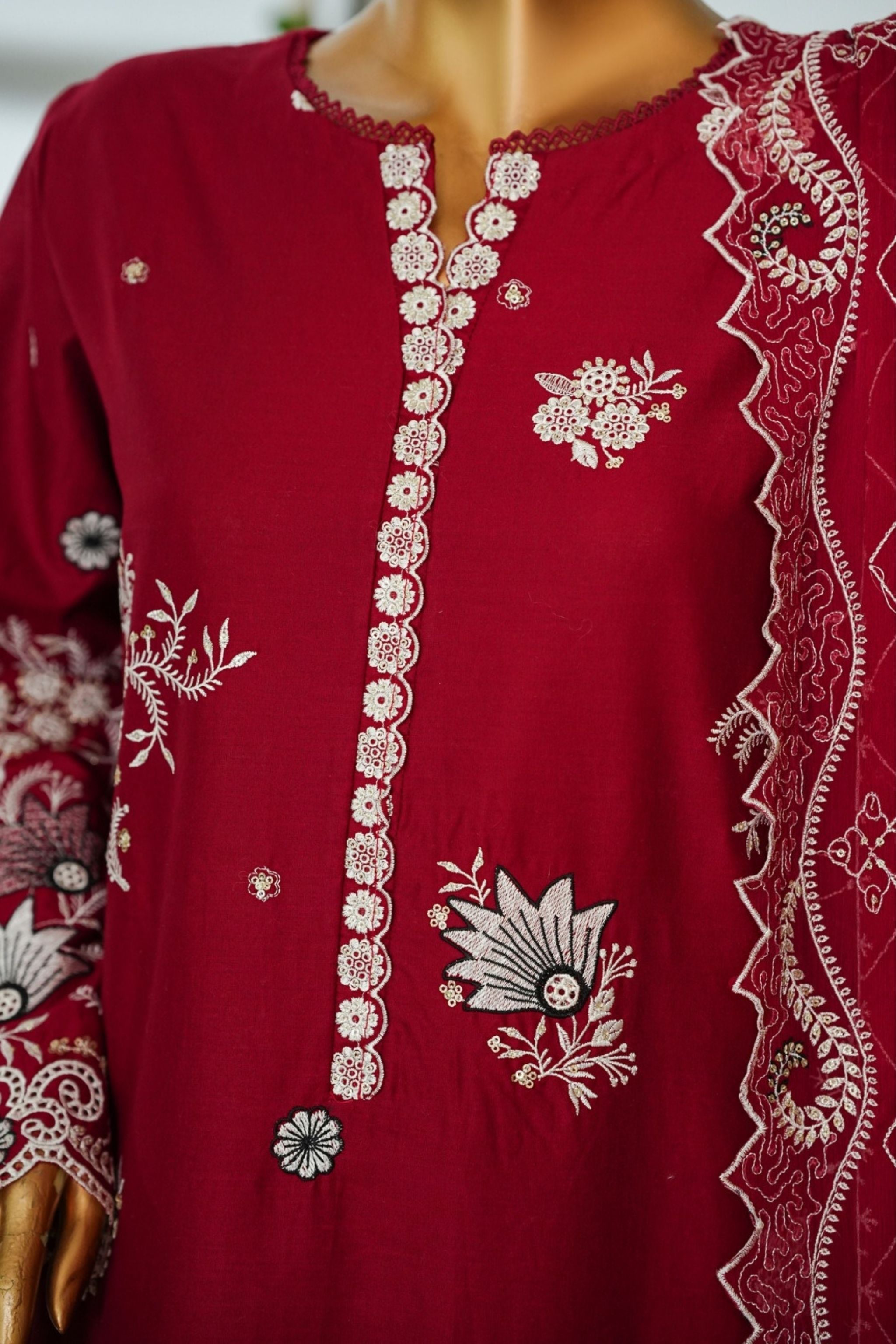 ECF-12 Bin Saeed Original Maroon Embroidered Cotton Fabric 3-Piece Suit - Size S-M-L