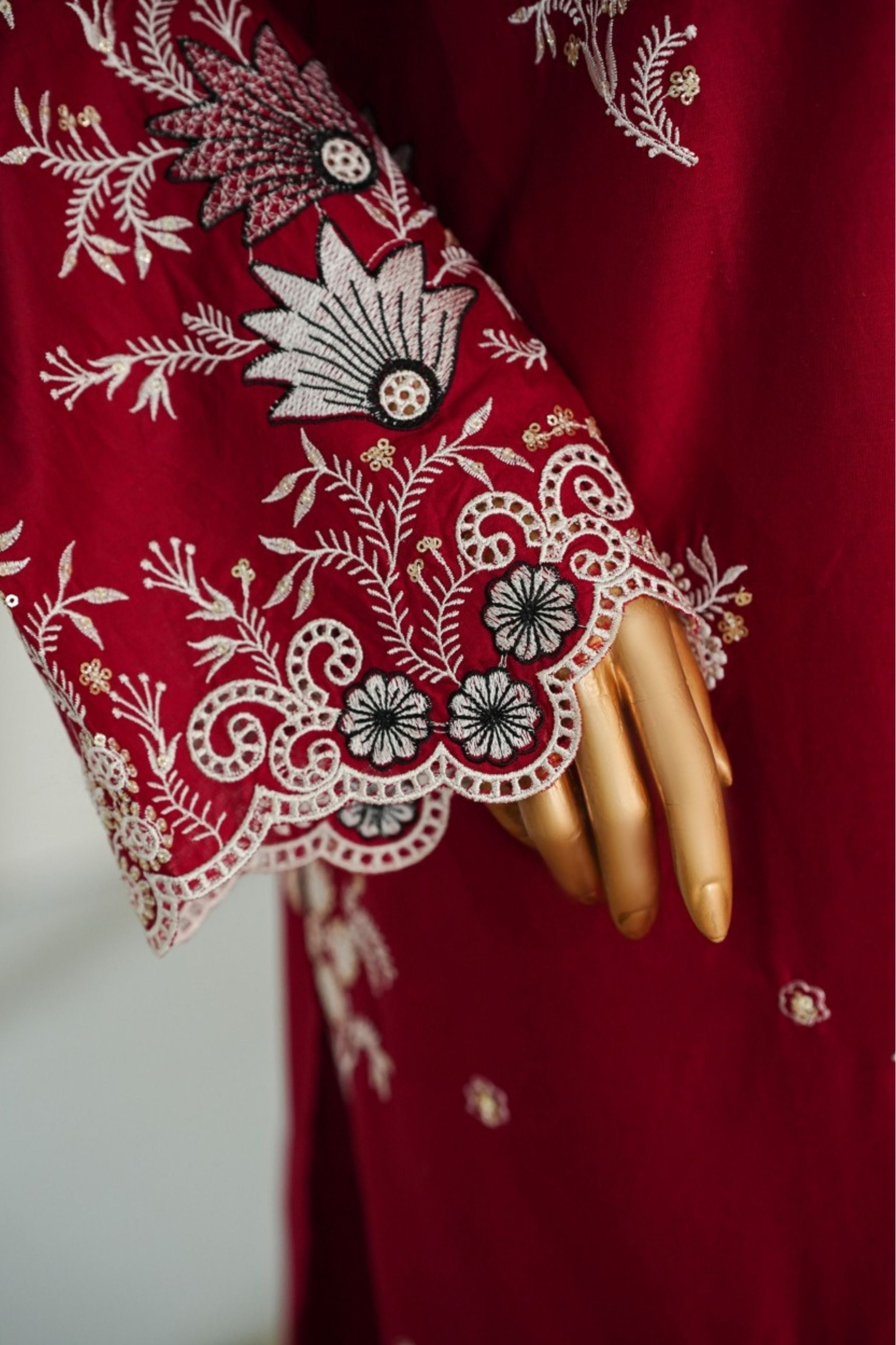 ECF-12 Bin Saeed Original Maroon Embroidered Cotton Fabric 3-Piece Suit - Size S-M-L