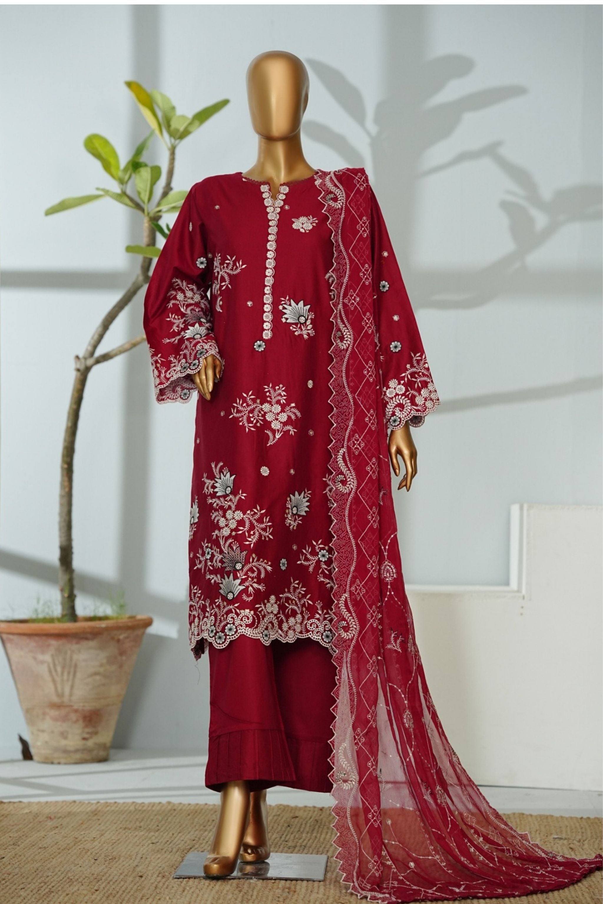 ECF-12 Bin Saeed Original Maroon Embroidered Cotton Fabric 3-Piece Suit - Size S-M-L