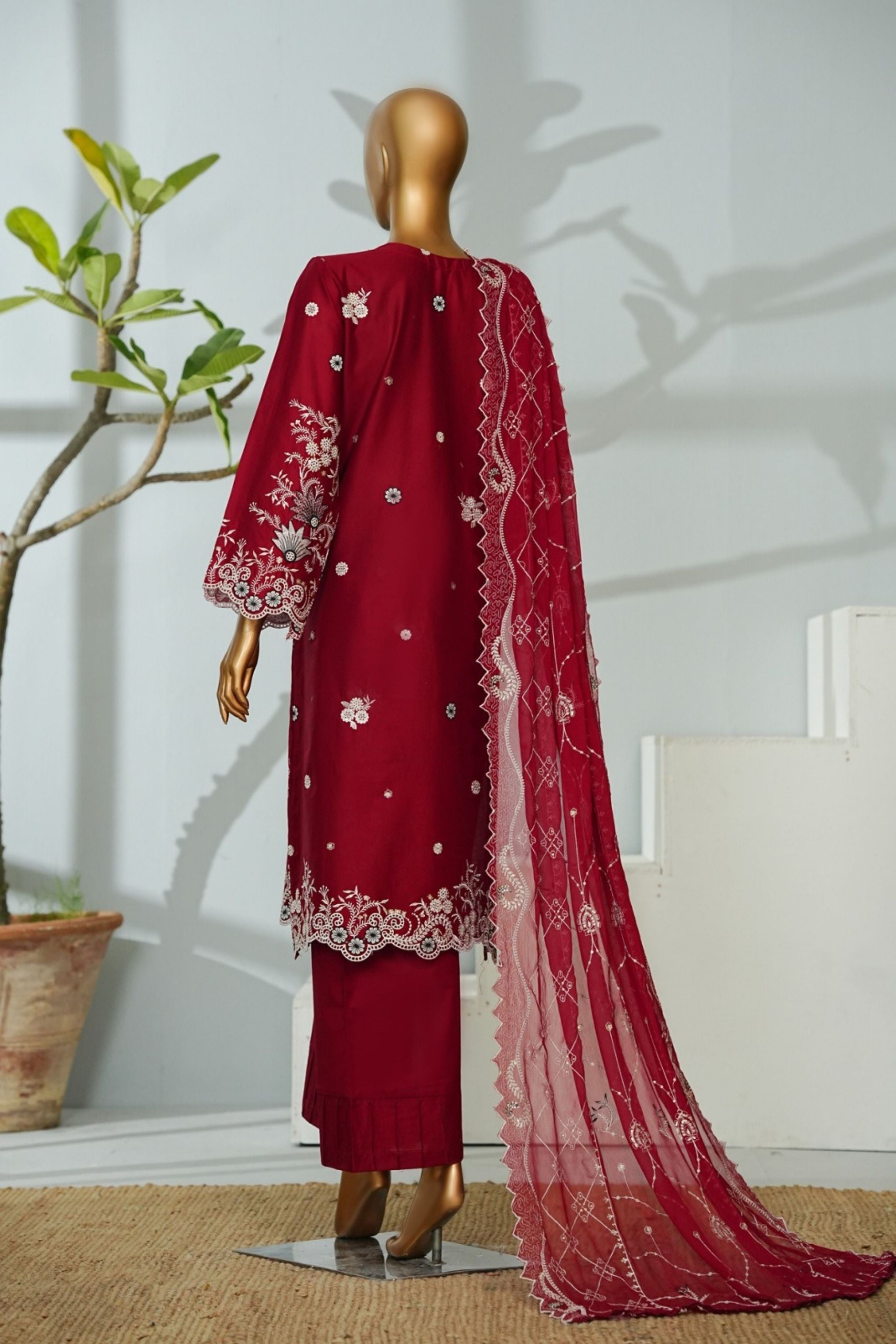 ECF-12 Bin Saeed Original Maroon Embroidered Cotton Fabric 3-Piece Suit - Size S-M-L