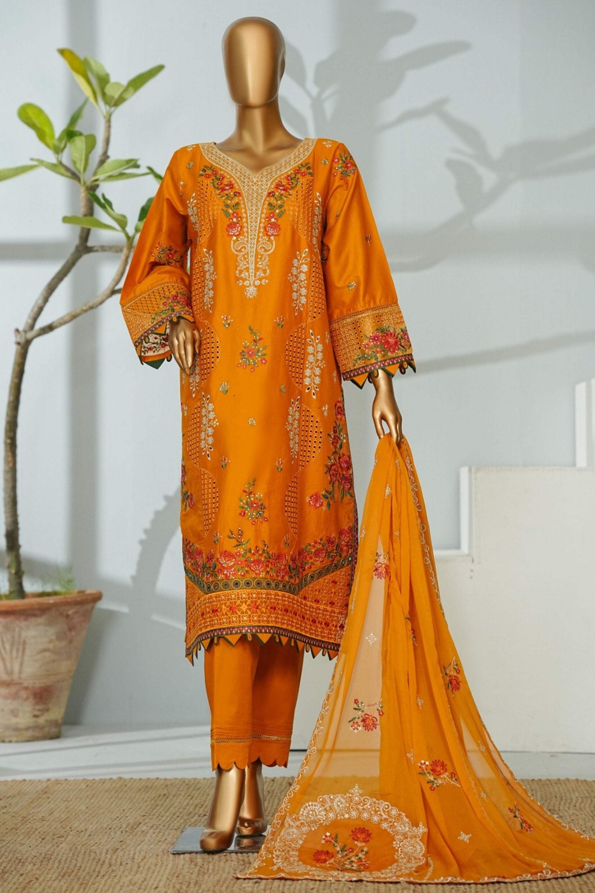 ECF-02 Bin Saeed Original Orange Embroidered Cotton Fabric 3-Piece Suit - Size S-M-L