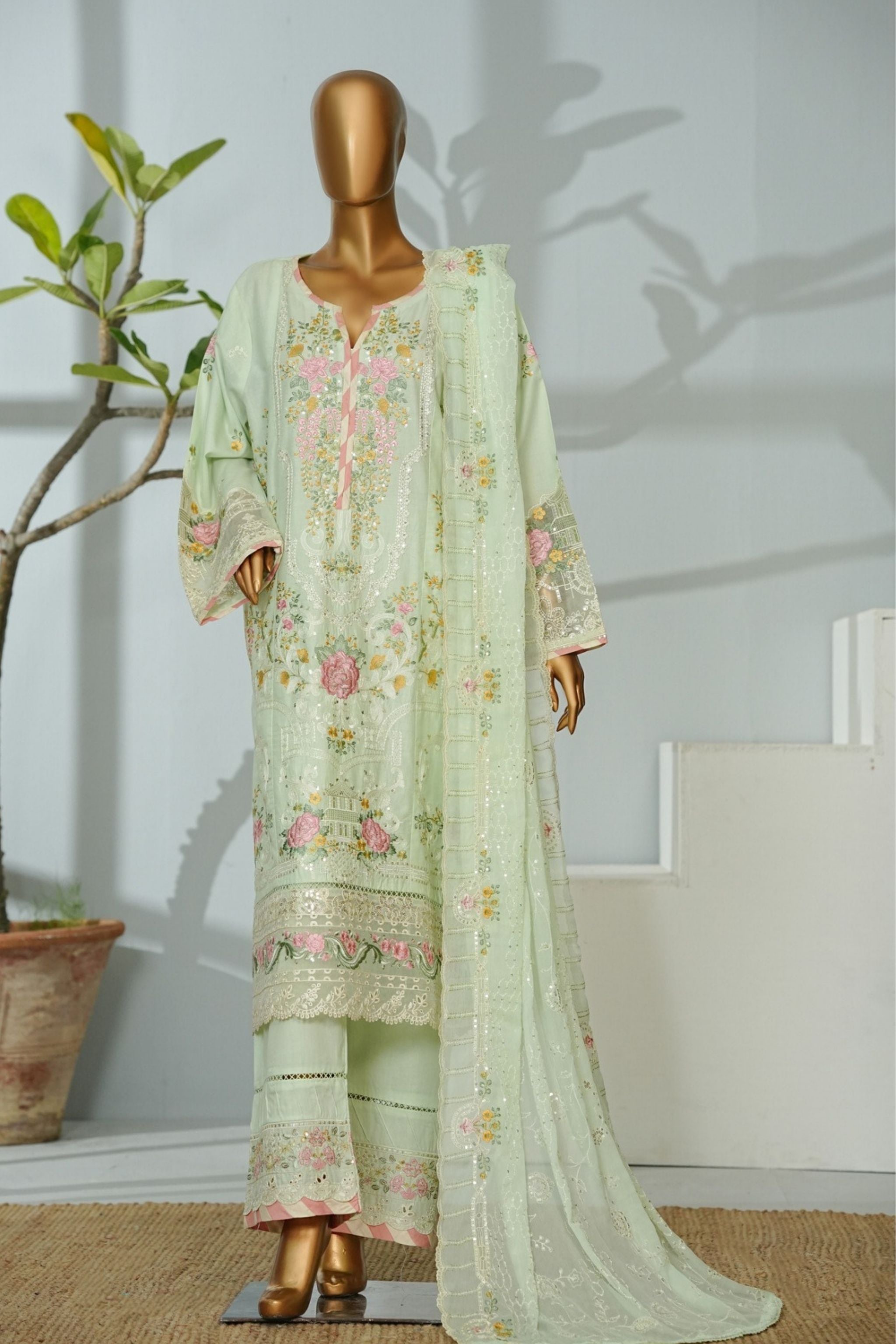 ECF-13 Bin Saeed Original Apple Green Embroidered Cotton Fabric 3-Piece Suit - Size S-M-L