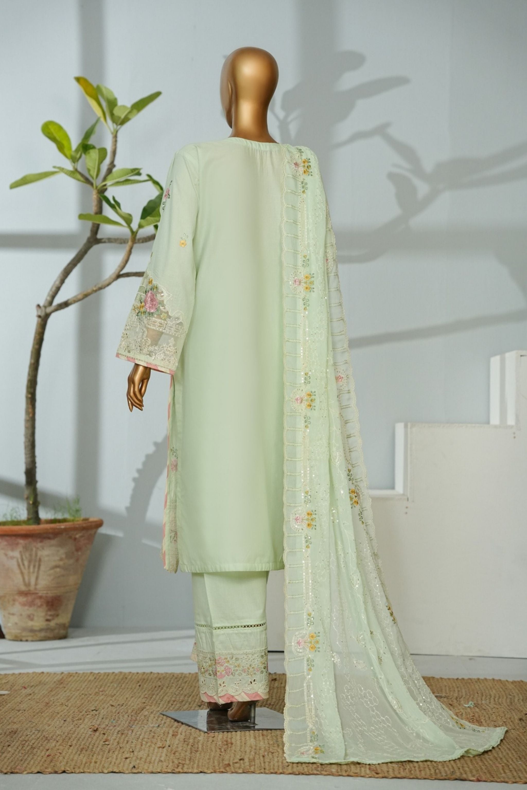 ECF-13 Bin Saeed Original Apple Green Embroidered Cotton Fabric 3-Piece Suit - Size S-M-L