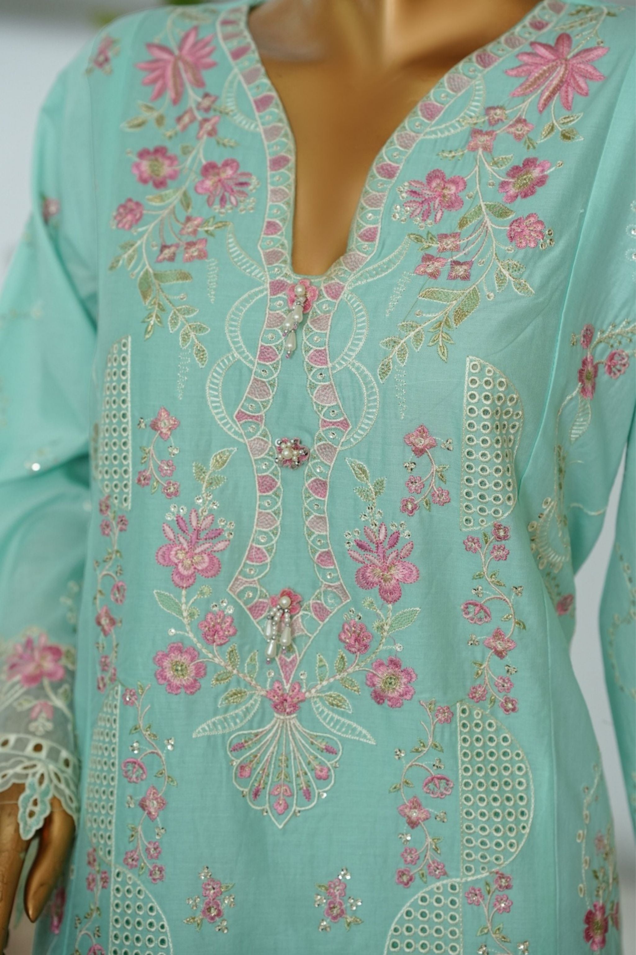 ECF-14 Bin Saeed Original Ferozi Embroidered Cotton Fabric 3-Piece Suit - Size S-M-L
