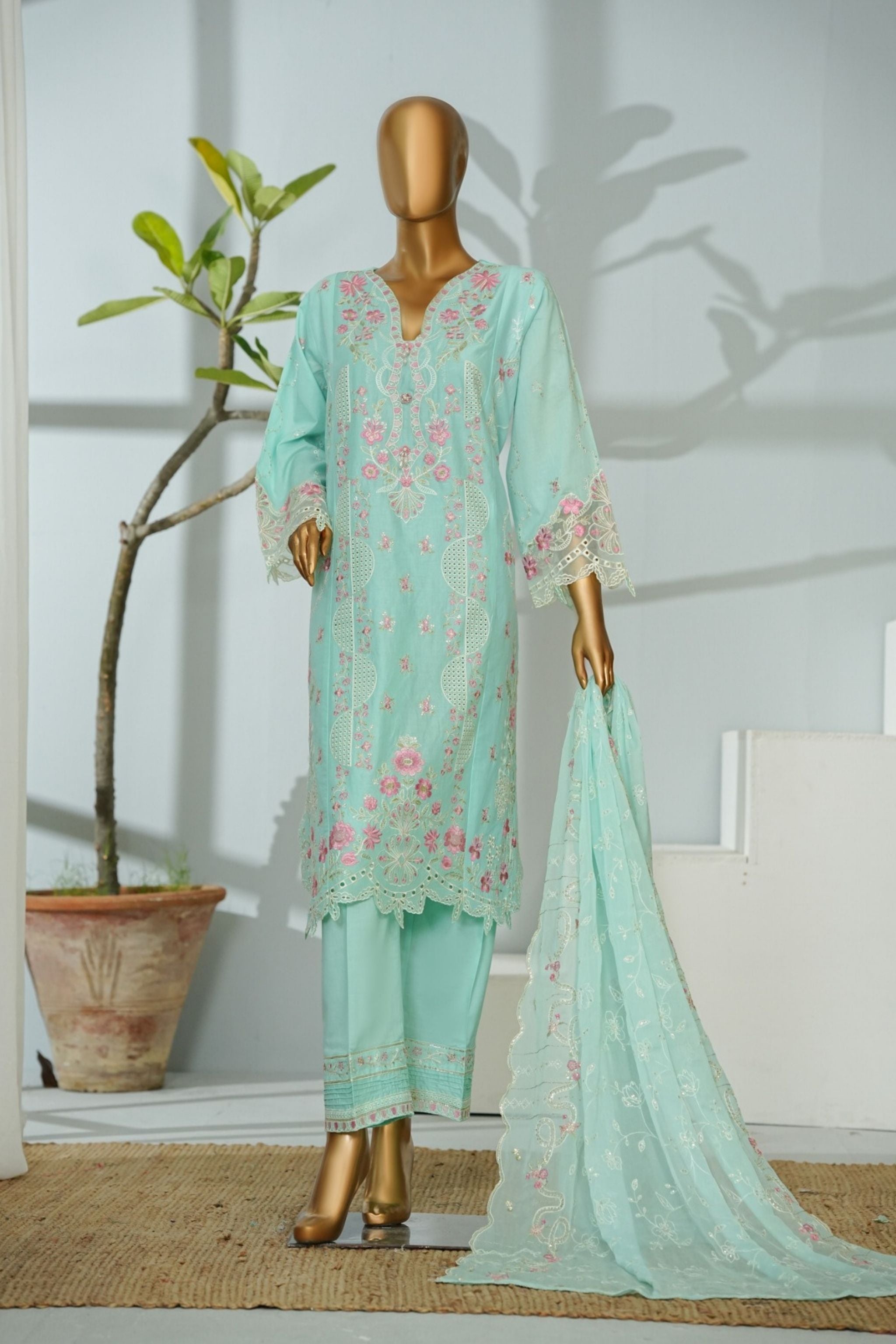 ECF-14 Bin Saeed Original Ferozi Embroidered Cotton Fabric 3-Piece Suit - Size S-M-L