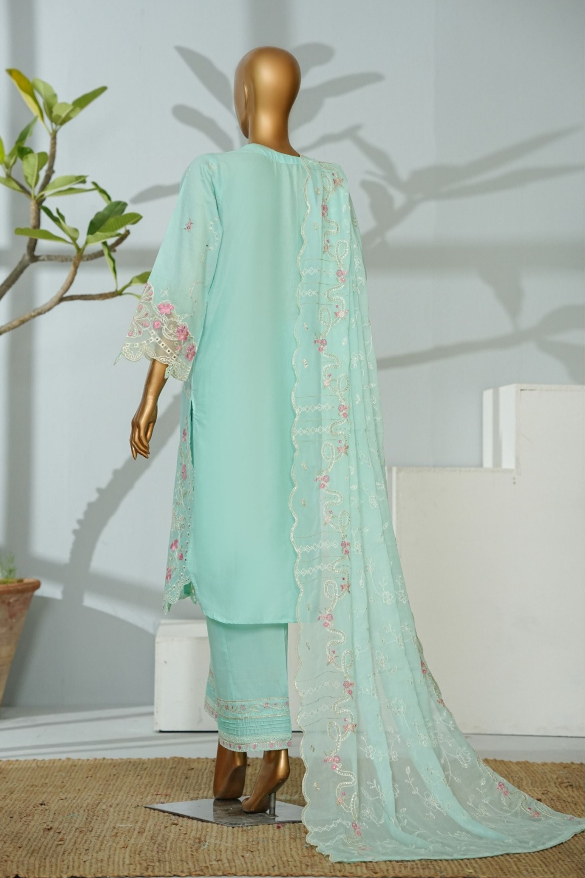 ECF-14 Bin Saeed Original Ferozi Embroidered Cotton Fabric 3-Piece Suit - Size S-M-L