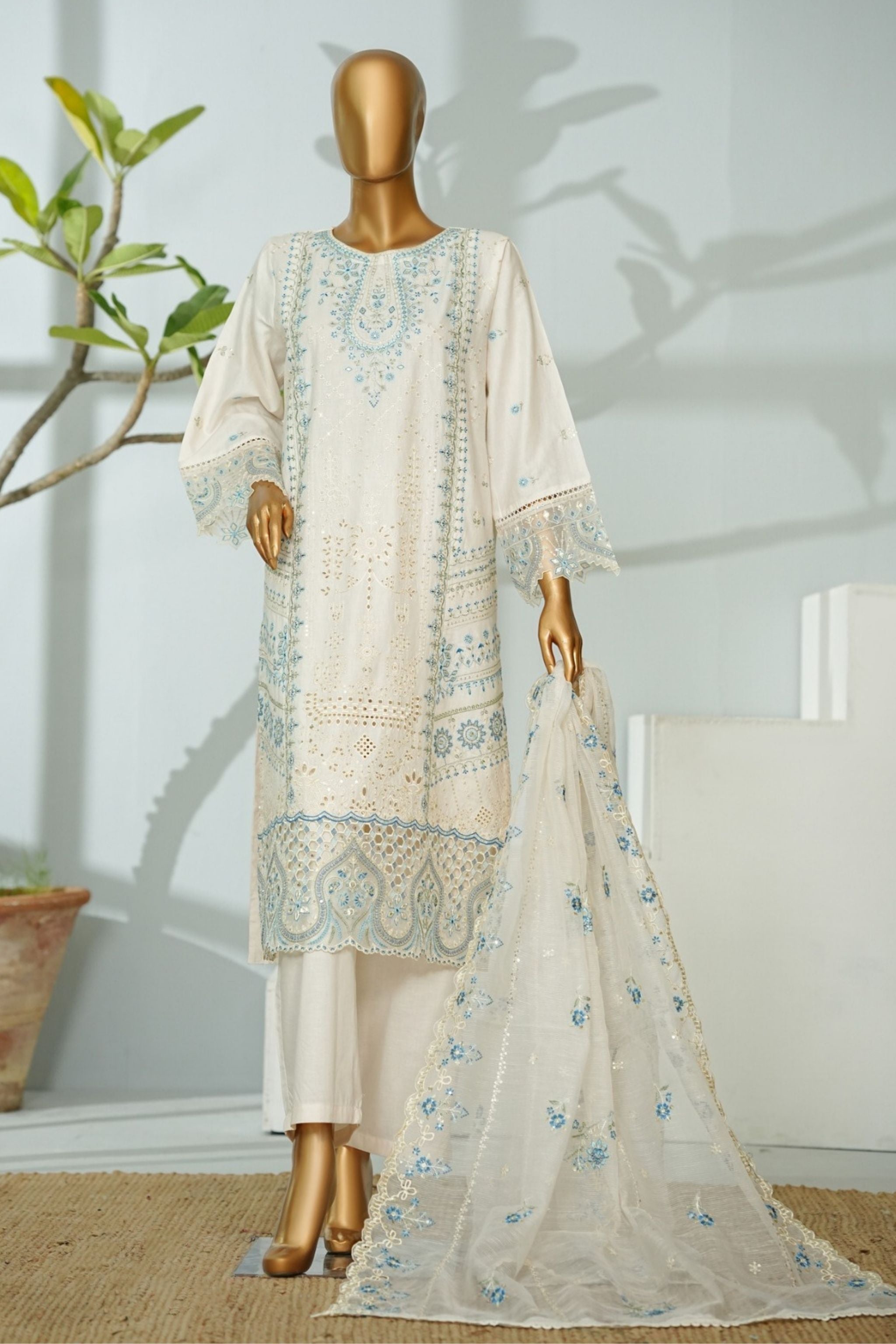 ECF-15 Bin Saeed Original Cream Embroidered Cotton Fabric 3-Piece Suit - Size S-M-L