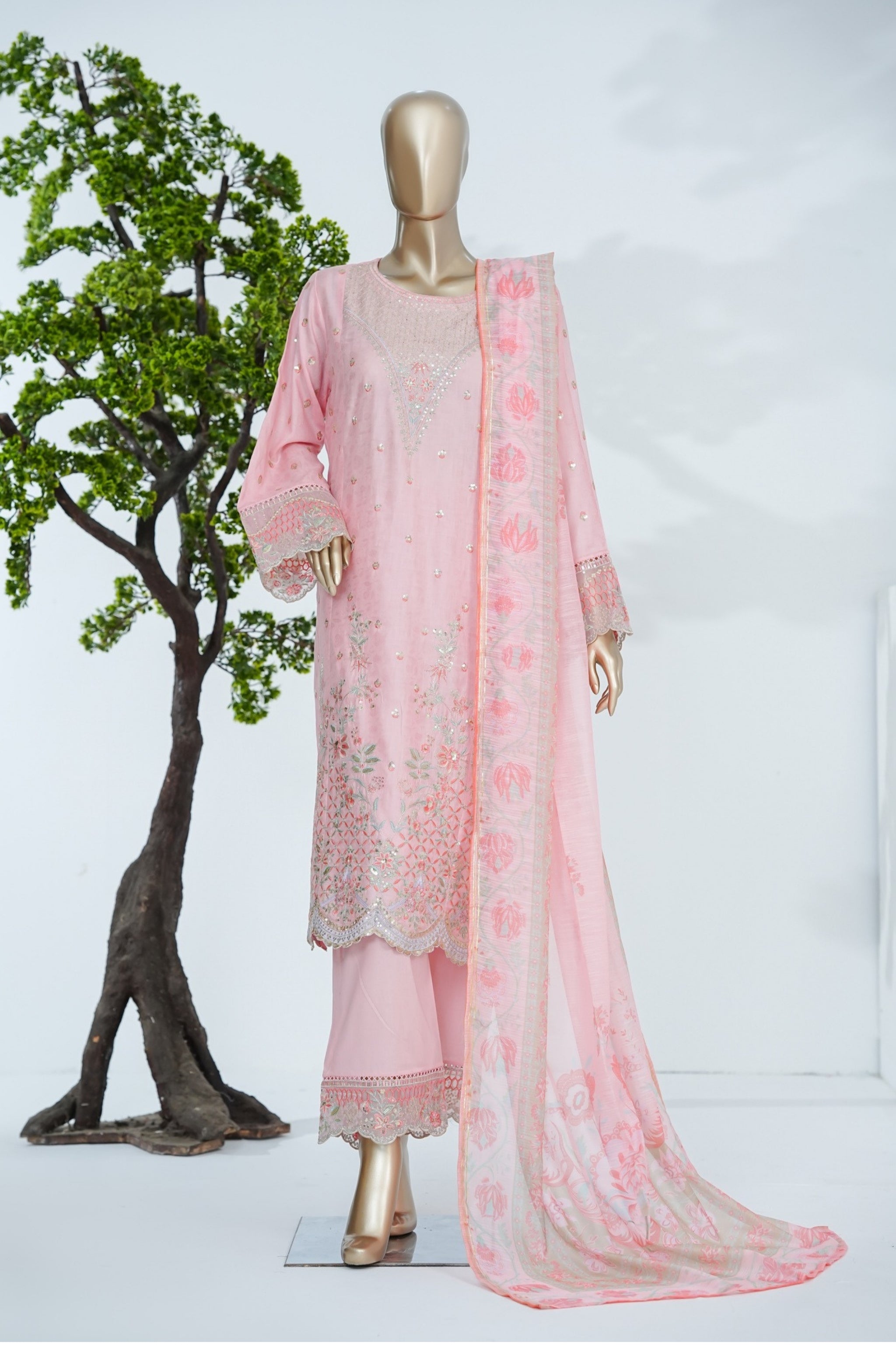 BS-002 - Bin Saeed Embroidered Printed Gaquard - Baby Pink
