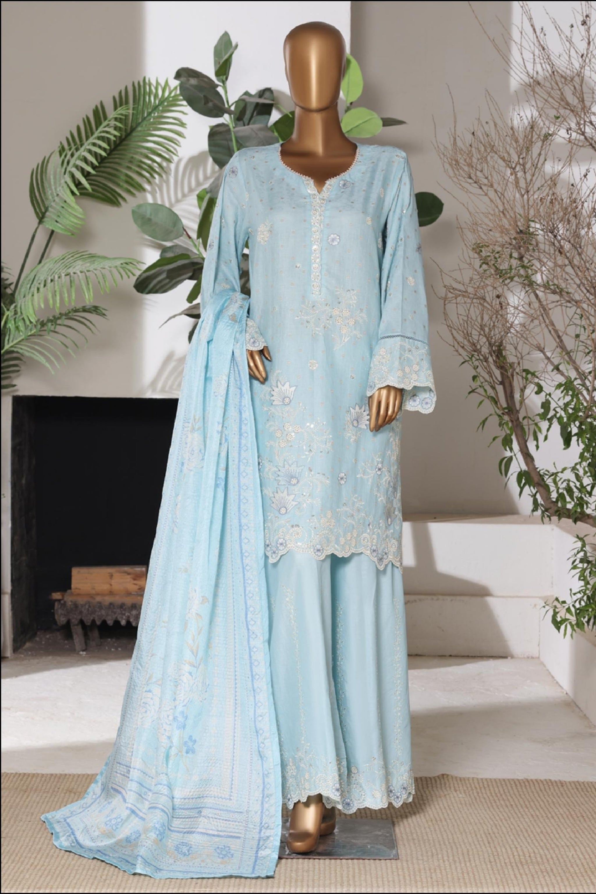 BSJ-002 Powder Blue Bin Saeed Luxury Embroidered Jacquard 3 Piece Suit