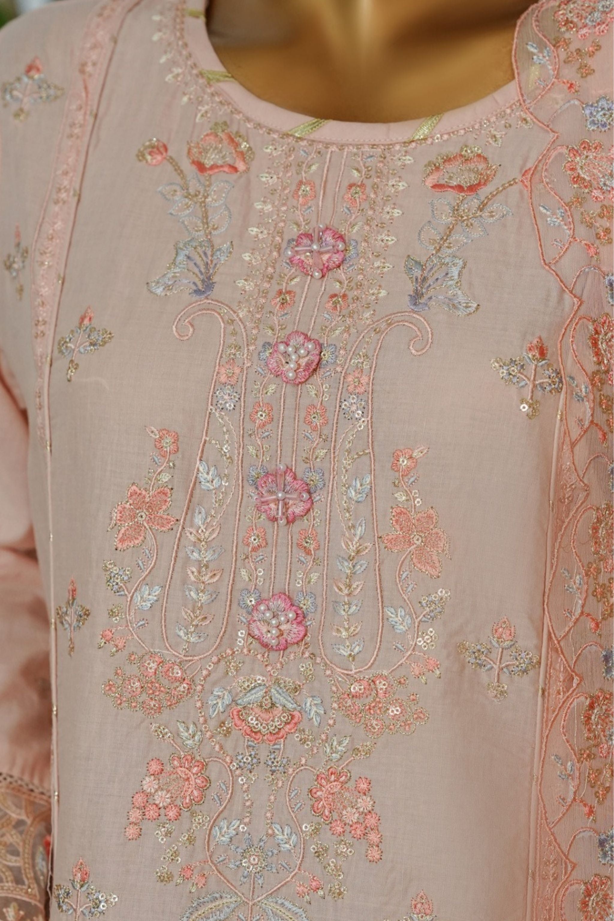 ECF-16 Bin Saeed Original Peach Pink Embroidered Cotton Fabric 3-Piece Suit - Size S-M-L
