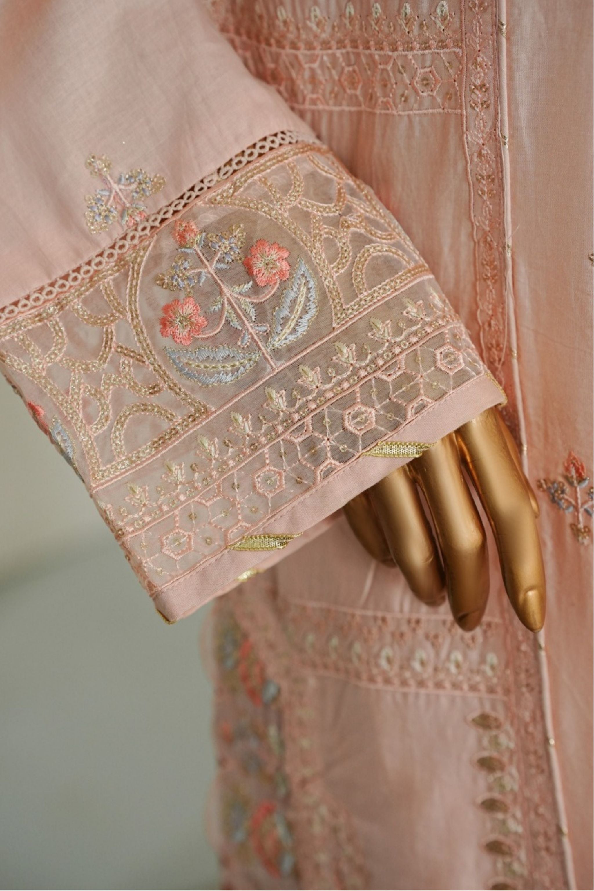 ECF-16 Bin Saeed Original Peach Pink Embroidered Cotton Fabric 3-Piece Suit - Size S-M-L