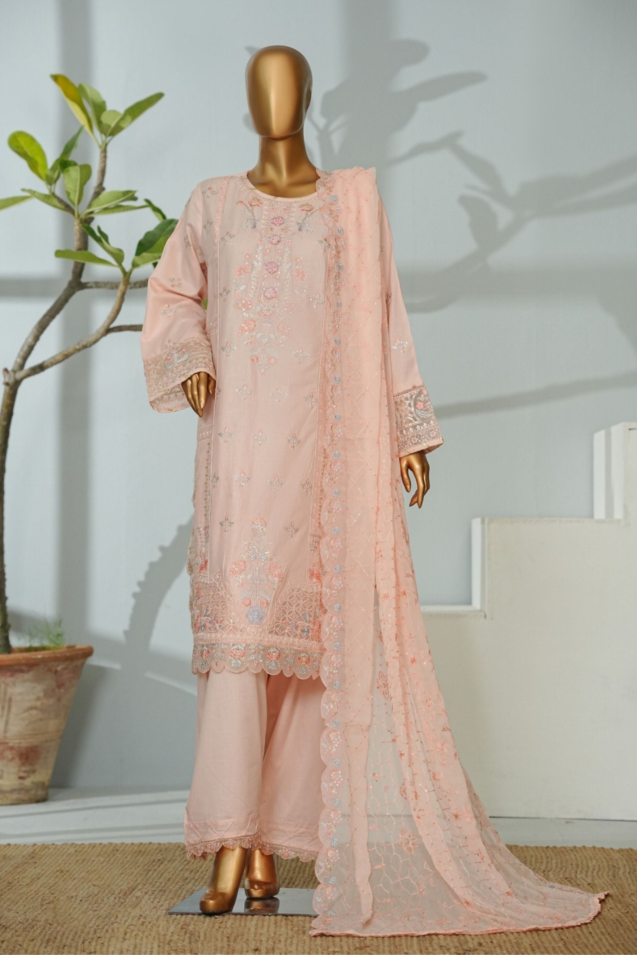 ECF-16 Bin Saeed Original Peach Pink Embroidered Cotton Fabric 3-Piece Suit - Size S-M-L