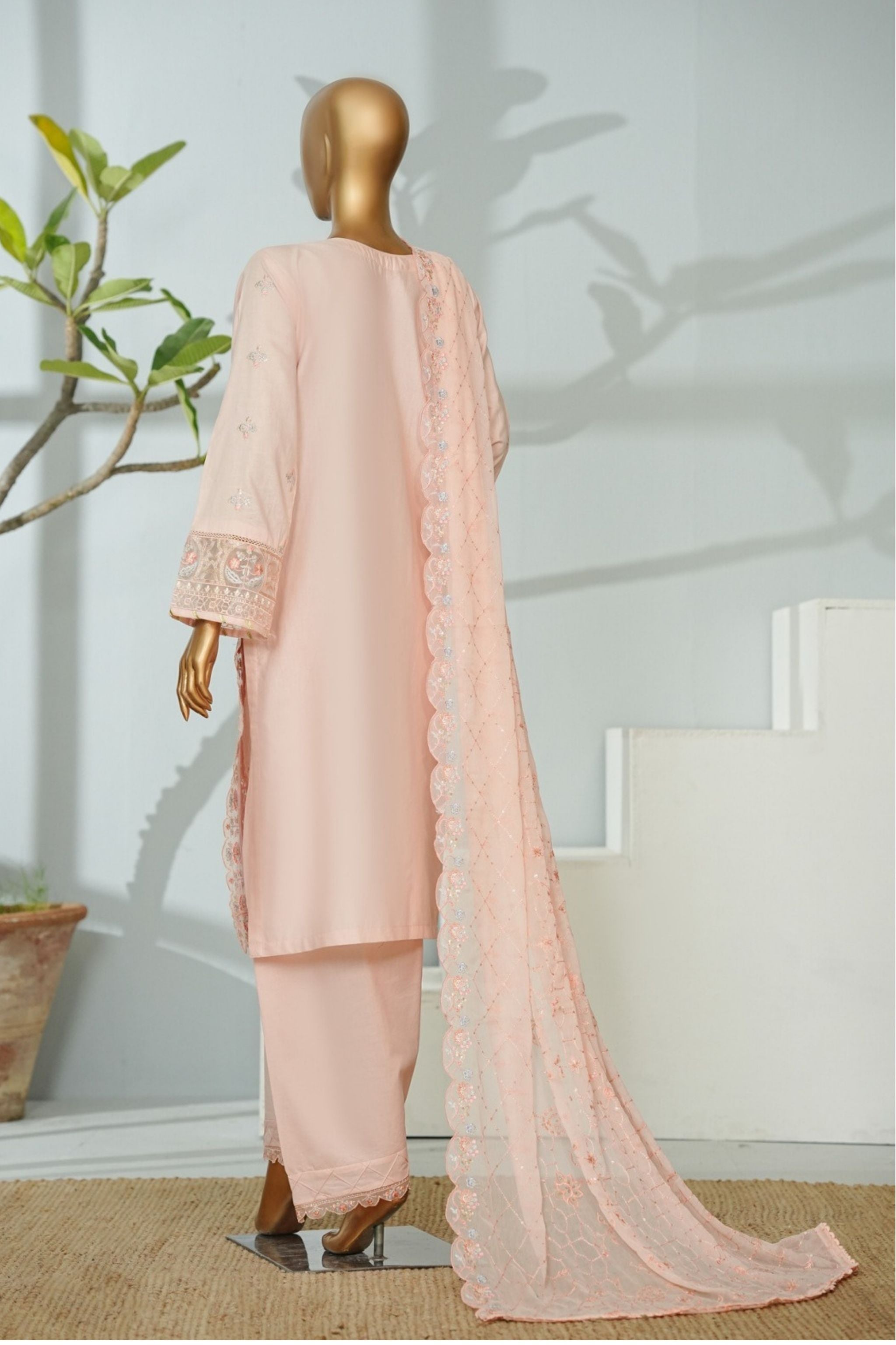 ECF-16 Bin Saeed Original Peach Pink Embroidered Cotton Fabric 3-Piece Suit - Size S-M-L