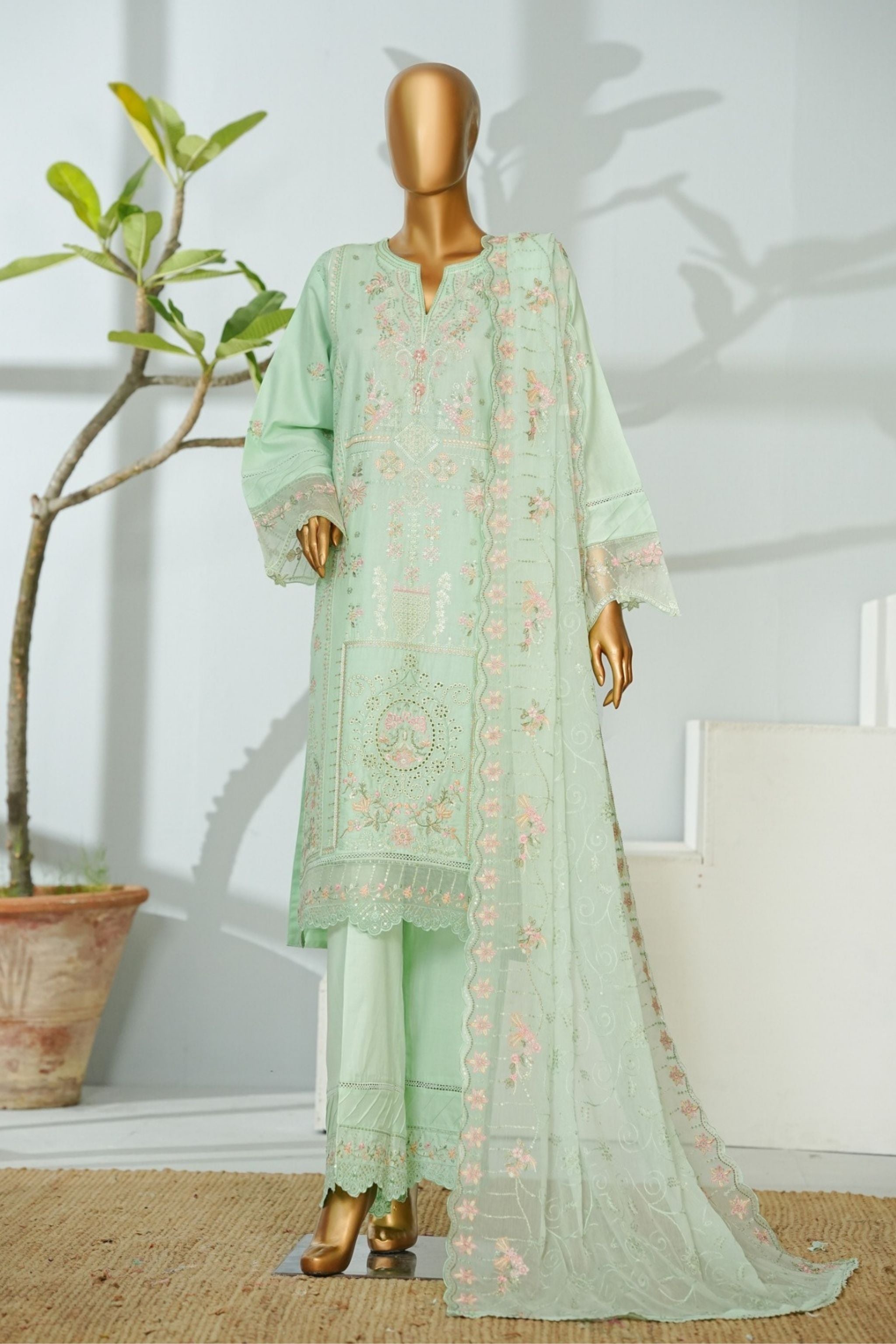 ECF-17 Bin Saeed Original Apple Green Embroidered Cotton Fabric 3-Piece Suit - Size S-M-L