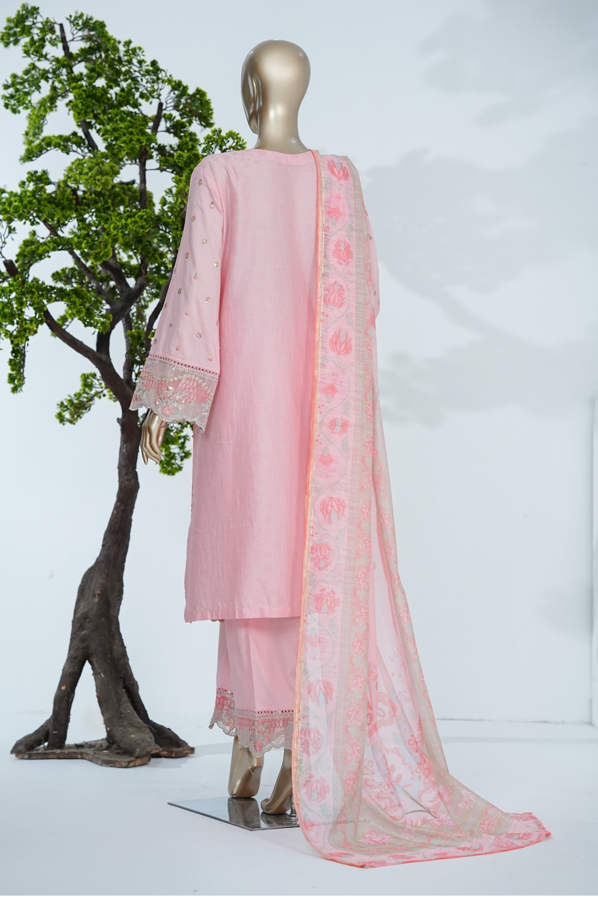 BS-002 - Bin Saeed Embroidered Printed Gaquard - Baby Pink