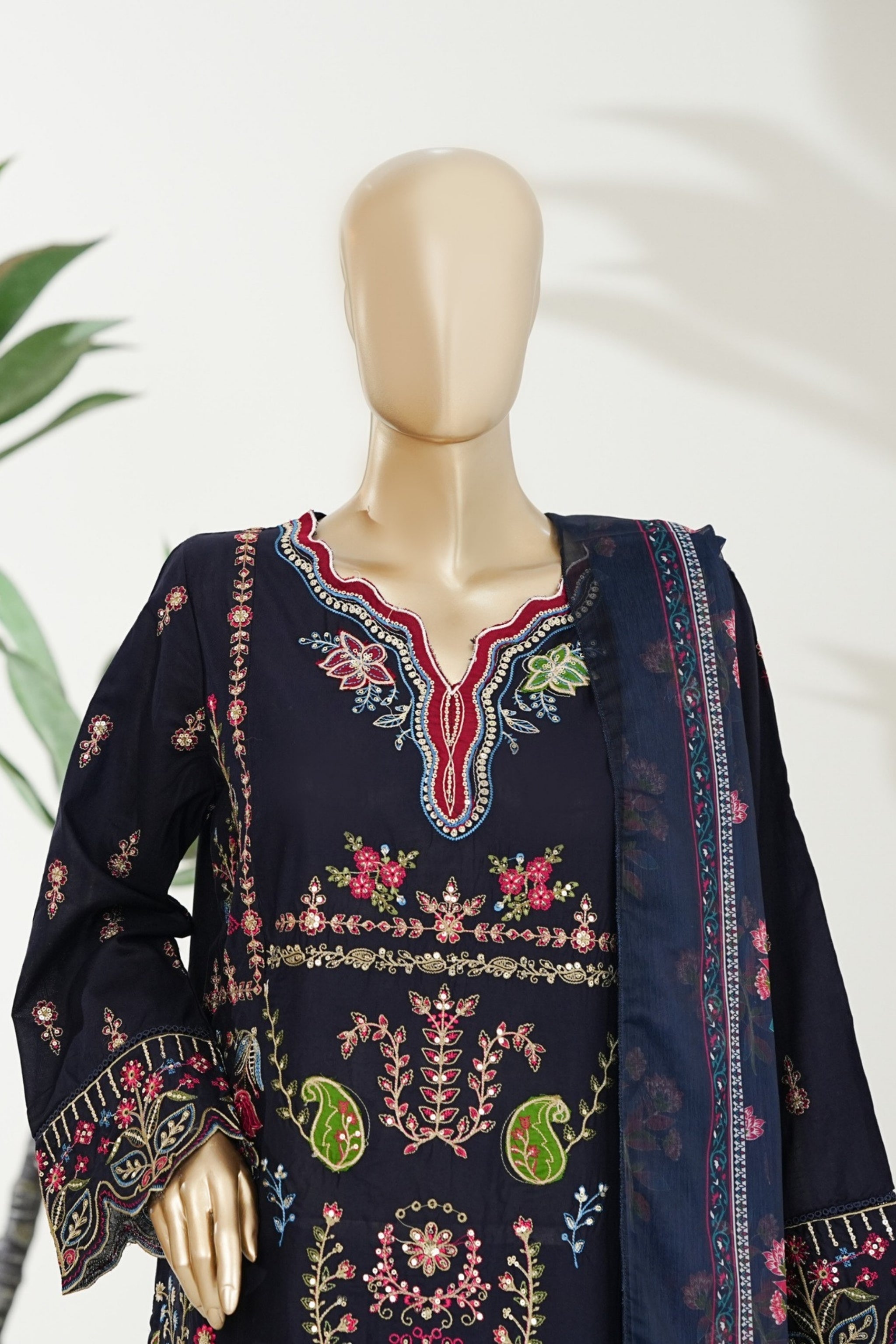 BM-008 - Bin Saeed Embroidered Printed Lawn - Navy Blue