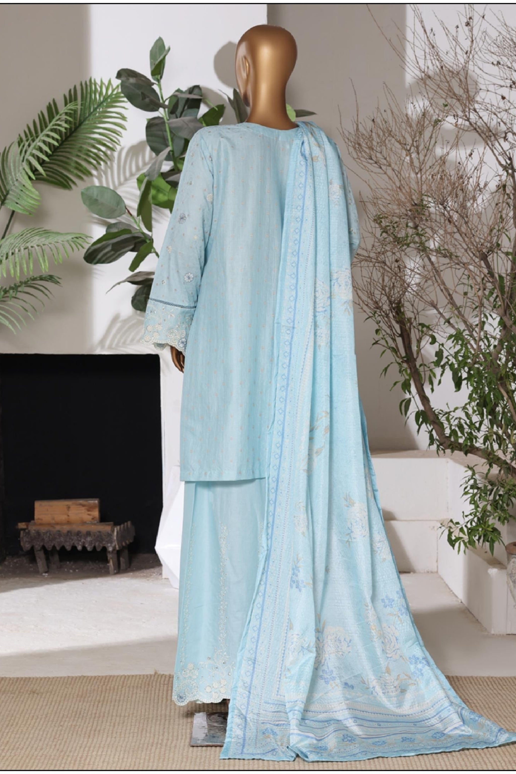 BSJ-002 Powder Blue Bin Saeed Luxury Embroidered Jacquard 3 Piece Suit