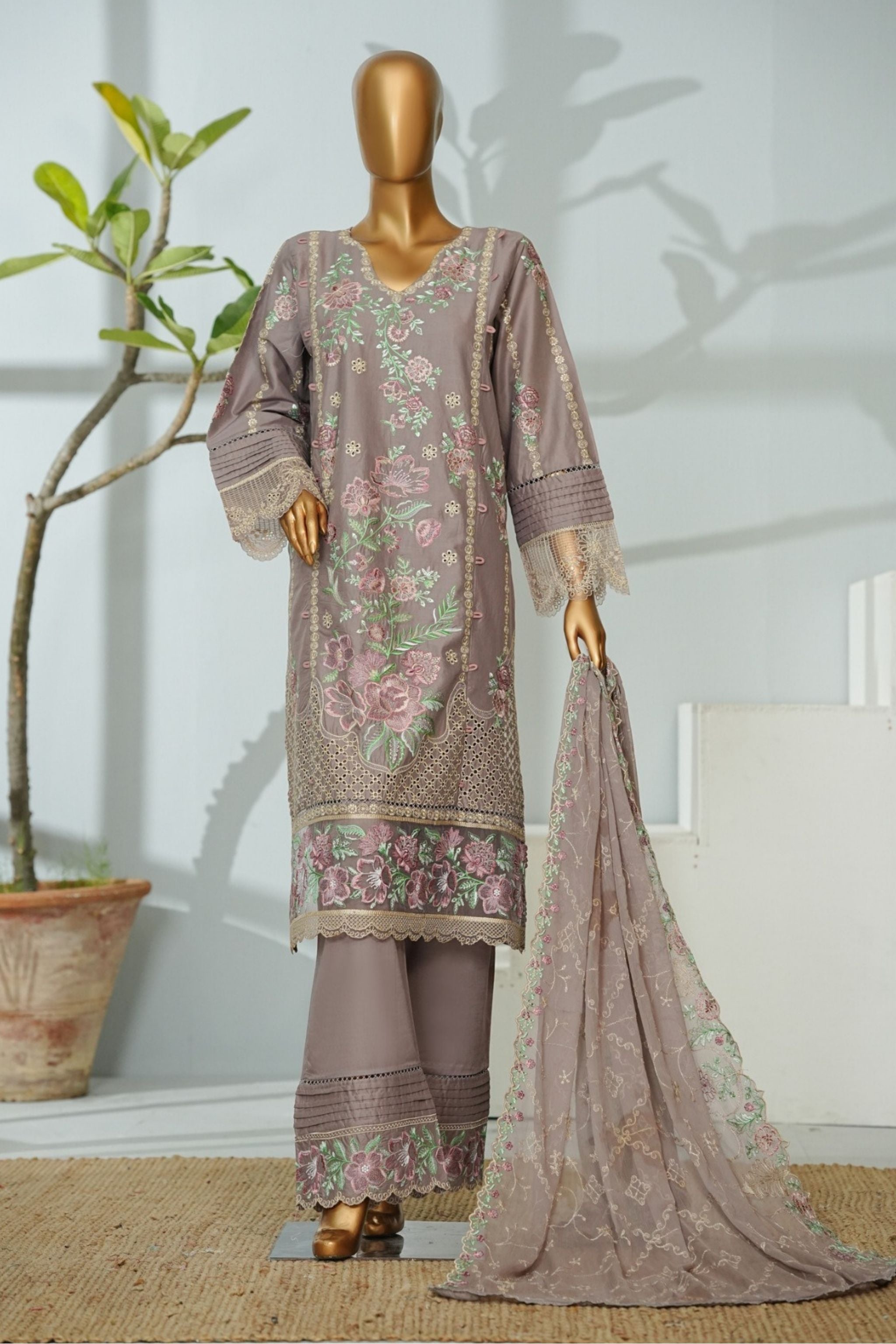 ECF-18 Bin Saeed Original Peach Coral Embroidered Cotton Fabric 3-Piece Suit - Size S-M-L