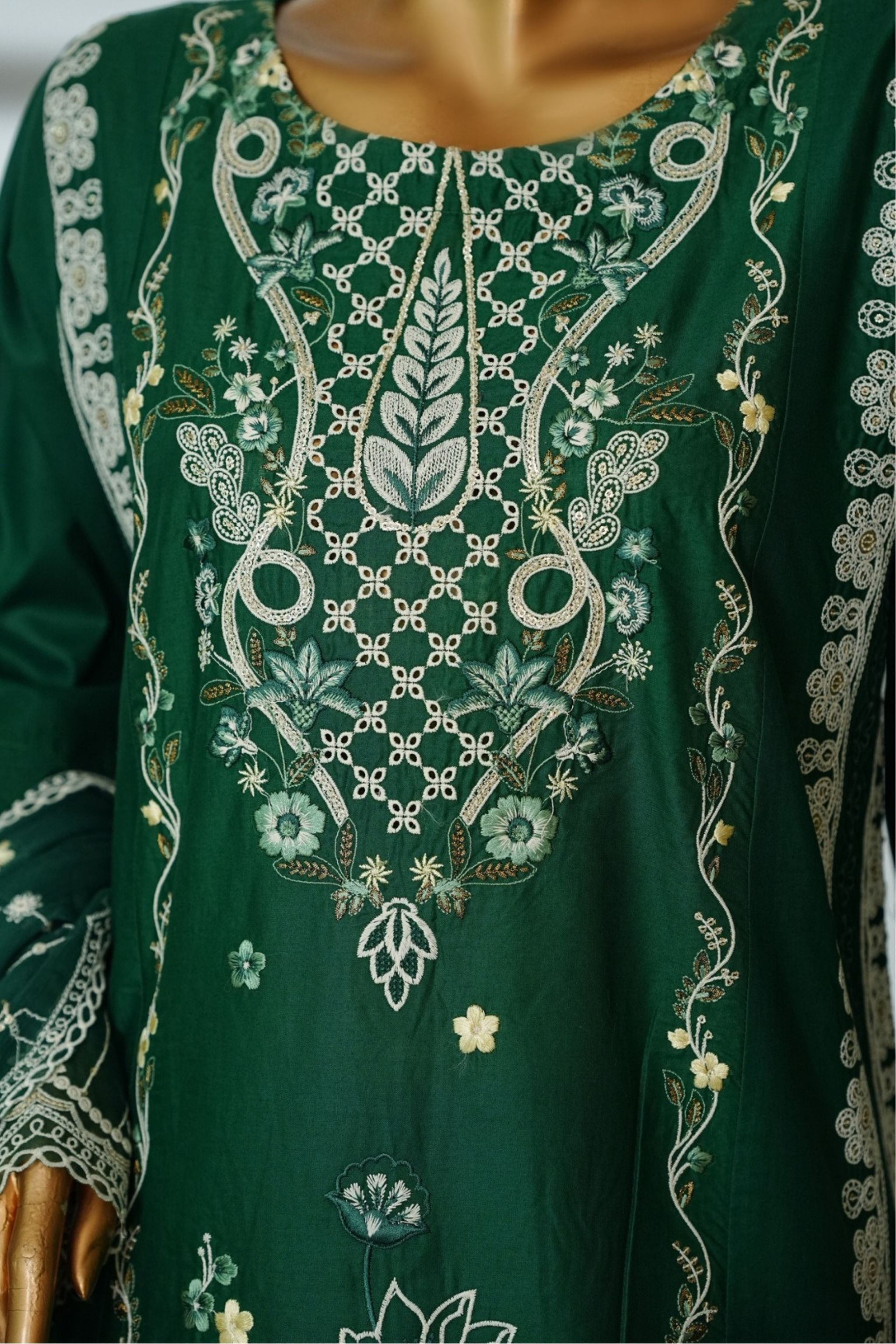 ECF-20 Bin Saeed Original Dark Green Embroidered Cotton Fabric 3-Piece Suit - Size S-M-L