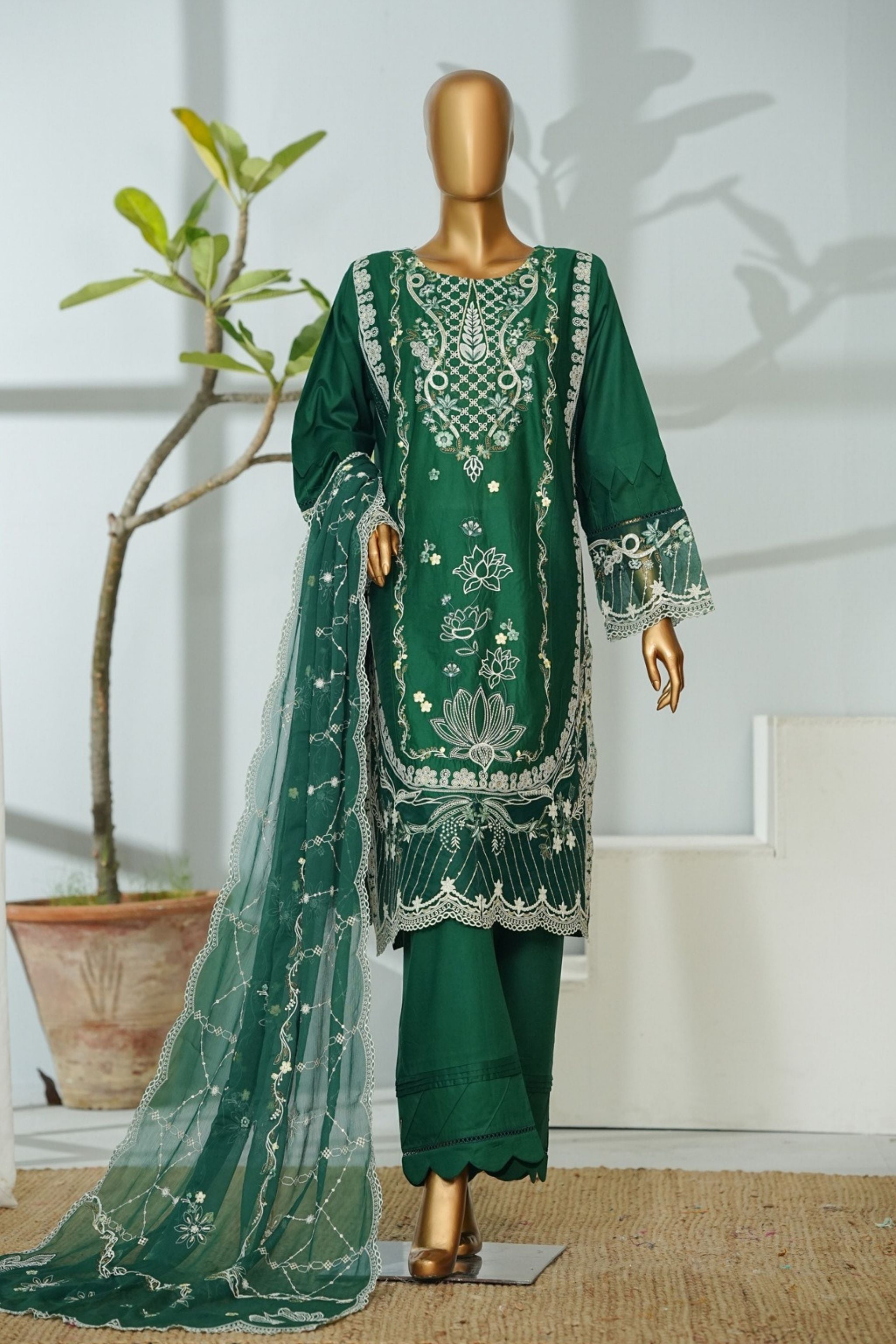 ECF-20 Bin Saeed Original Dark Green Embroidered Cotton Fabric 3-Piece Suit - Size S-M-L