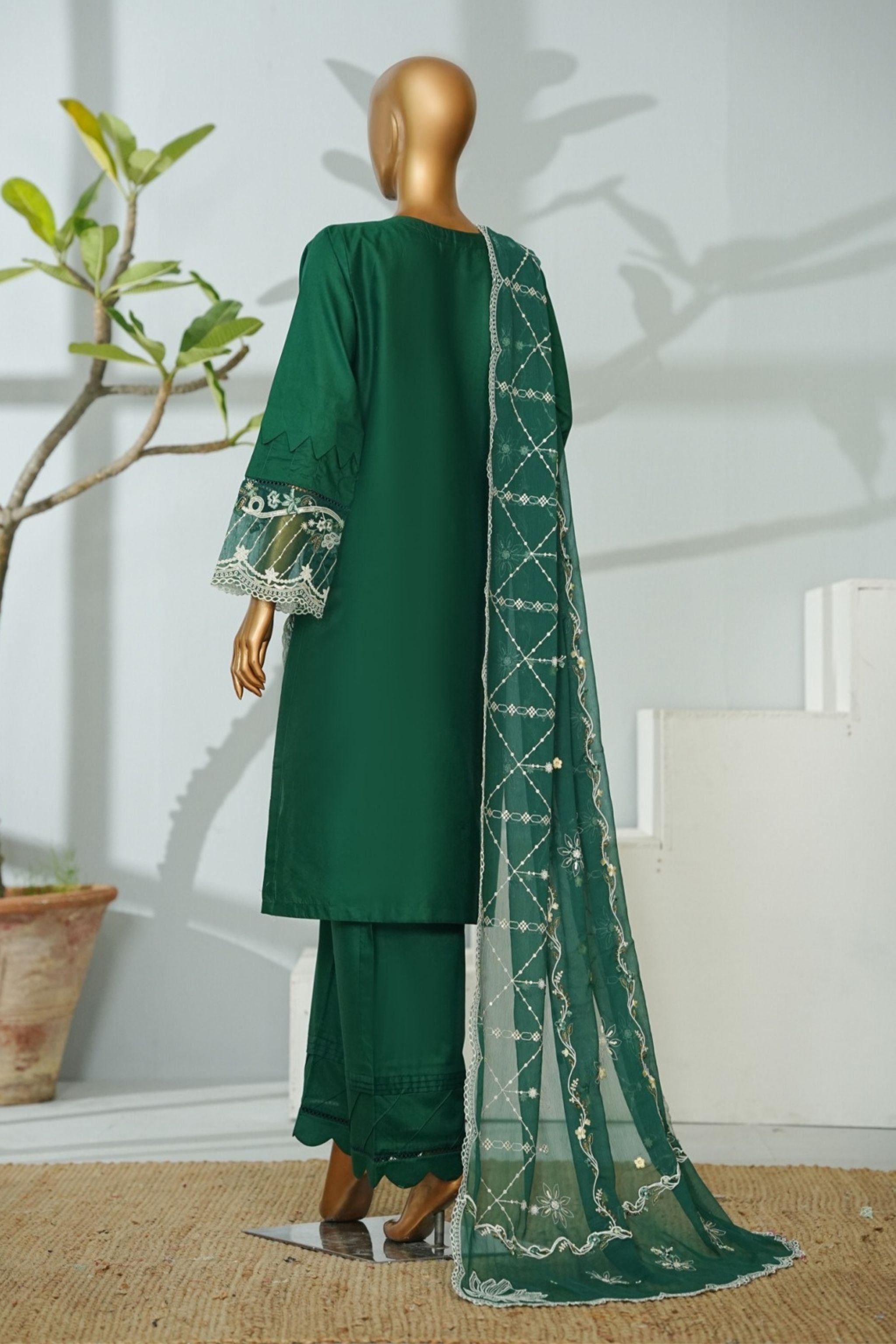 ECF-20 Bin Saeed Original Dark Green Embroidered Cotton Fabric 3-Piece Suit - Size S-M-L