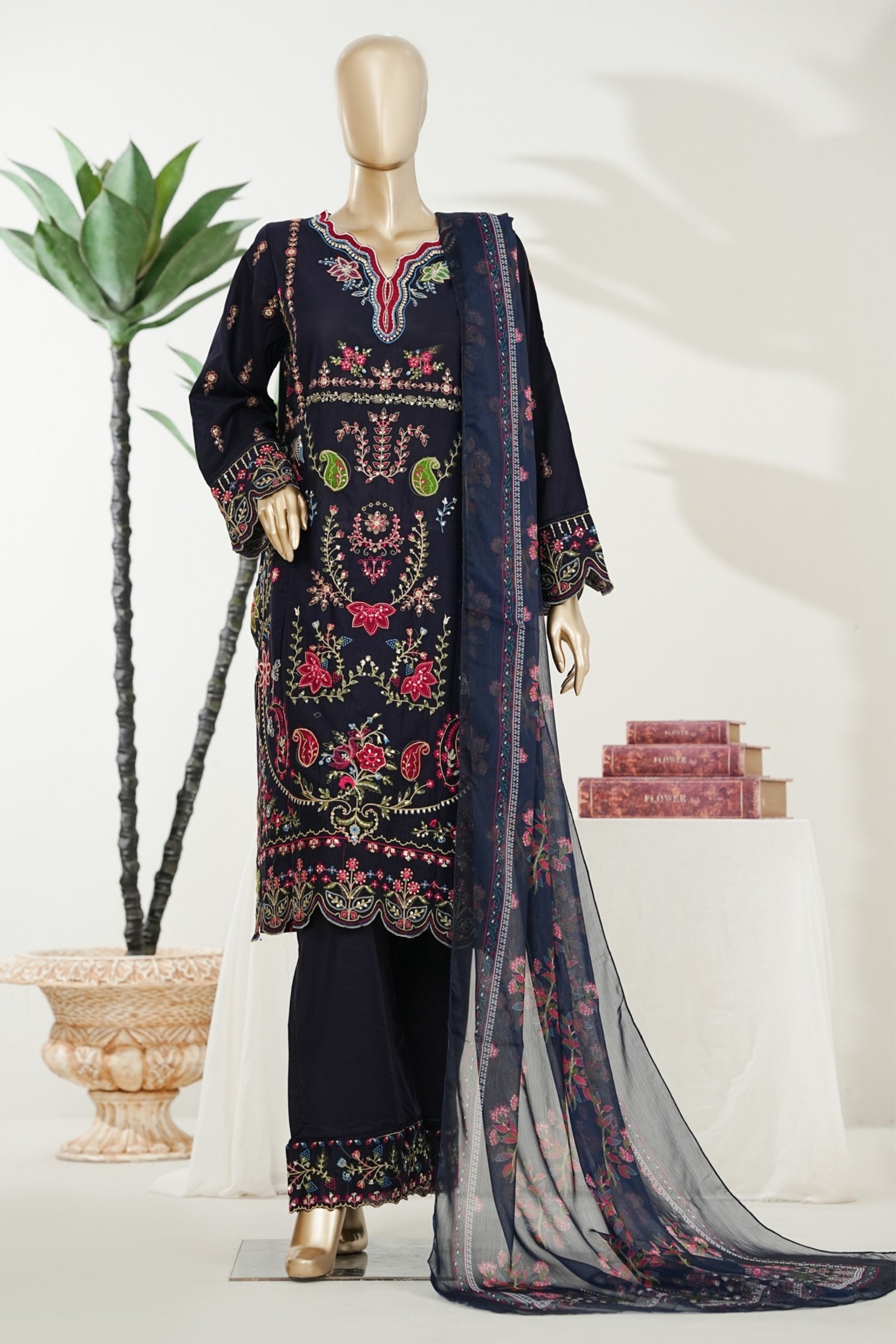 BM-008 - Bin Saeed Embroidered Printed Lawn - Navy Blue