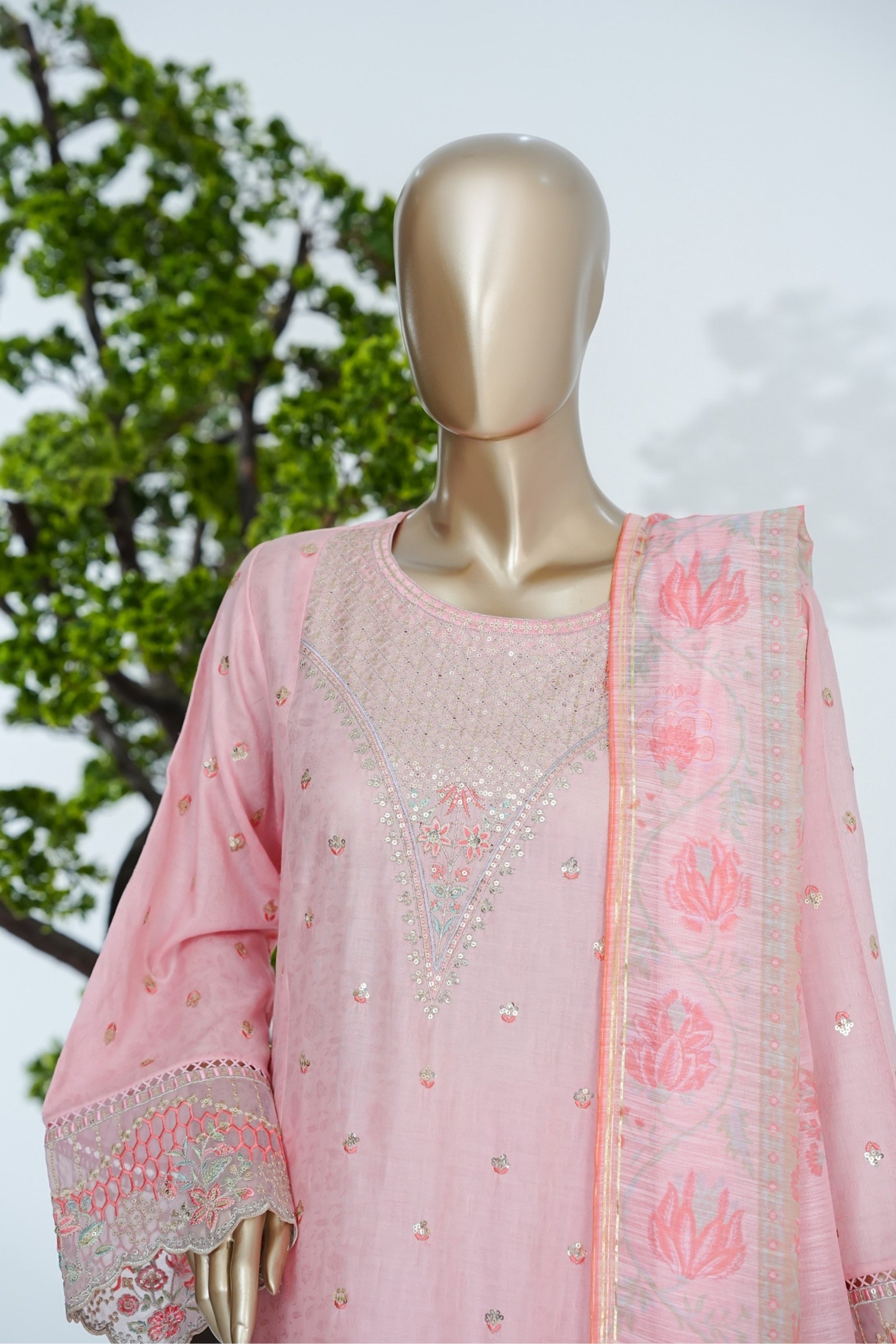 BS-002 - Bin Saeed Embroidered Printed Gaquard - Baby Pink