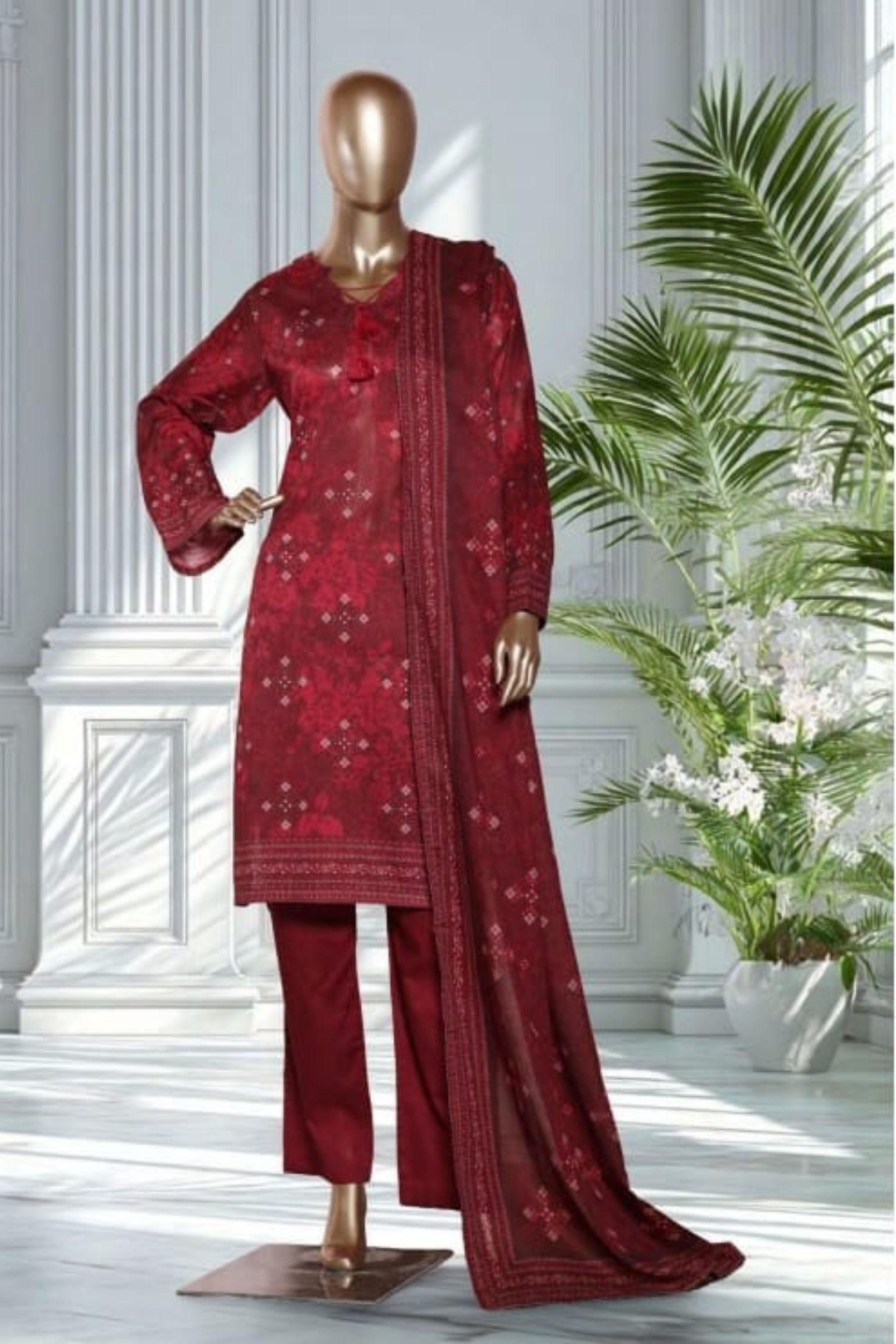 PTL-04 Bin Saeed Original Deep Maroon Printed Lawn 3-Piece Suit - Size XL