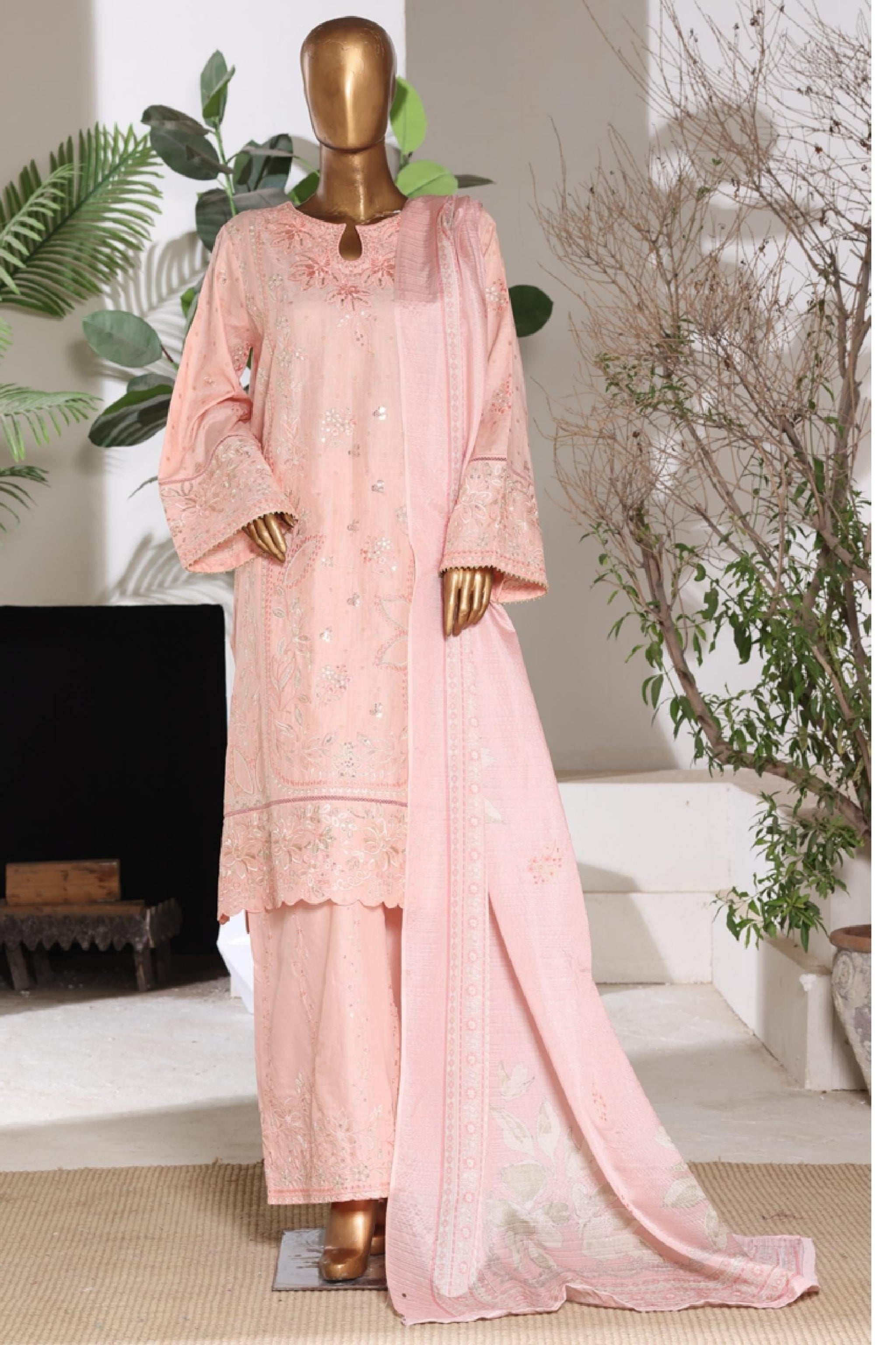 BSJ-004 Peach Pink Bin Saeed Luxury Embroidered Jacquard 3 Piece Suit