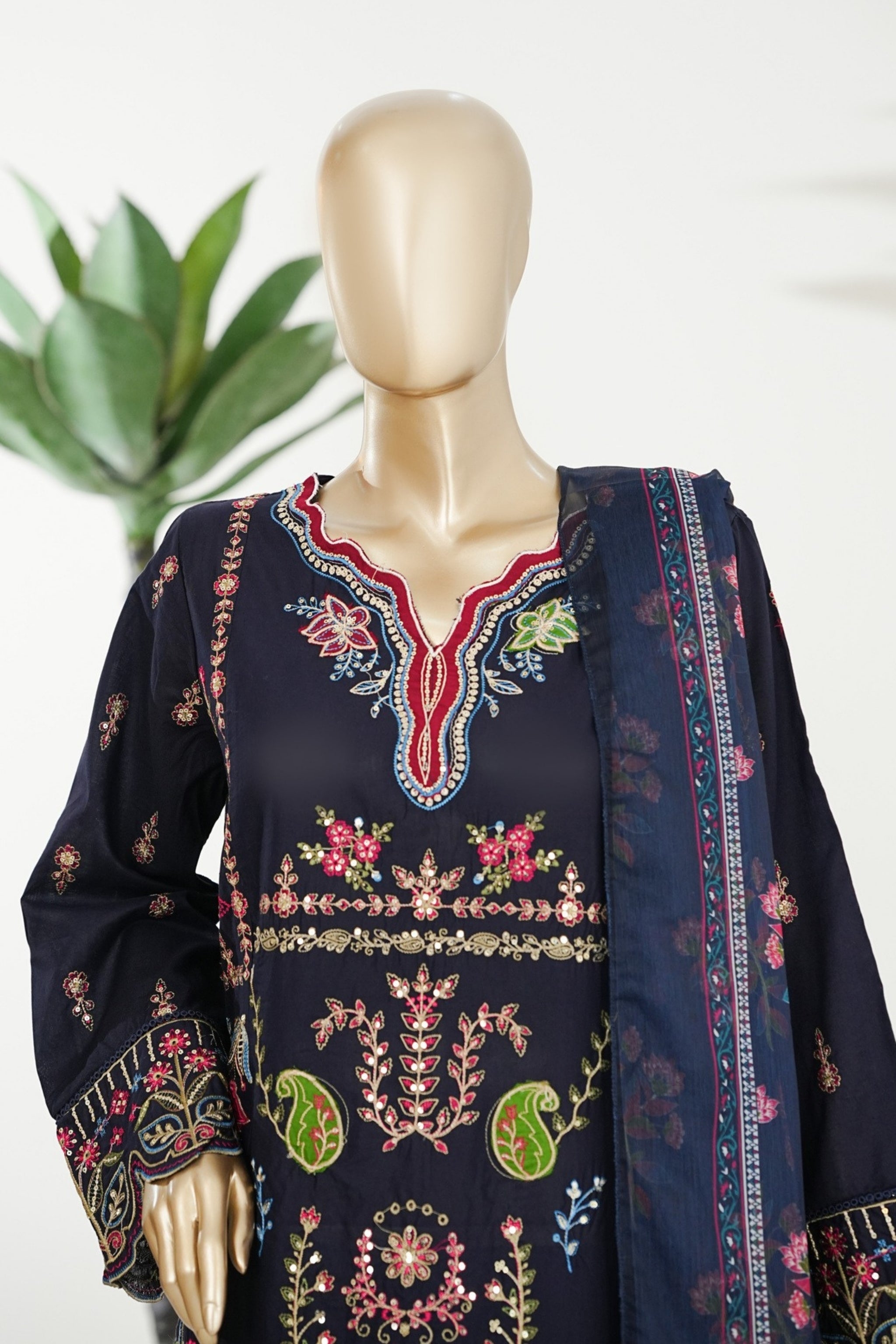 BM-008 - Bin Saeed Embroidered Printed Lawn - Navy Blue