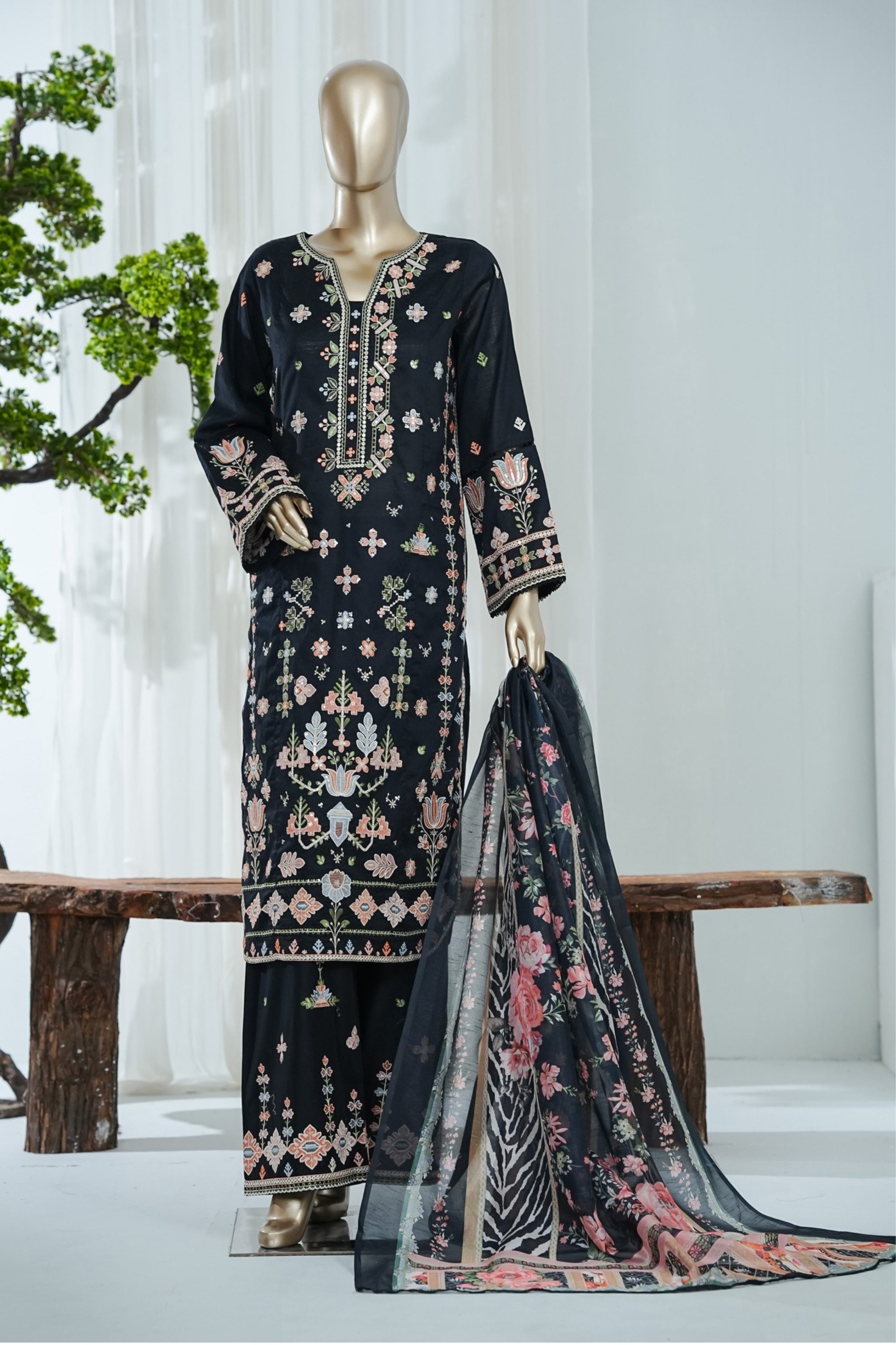 BS-003 - Bin Saeed Embroidered  Gaquard - Jet Black