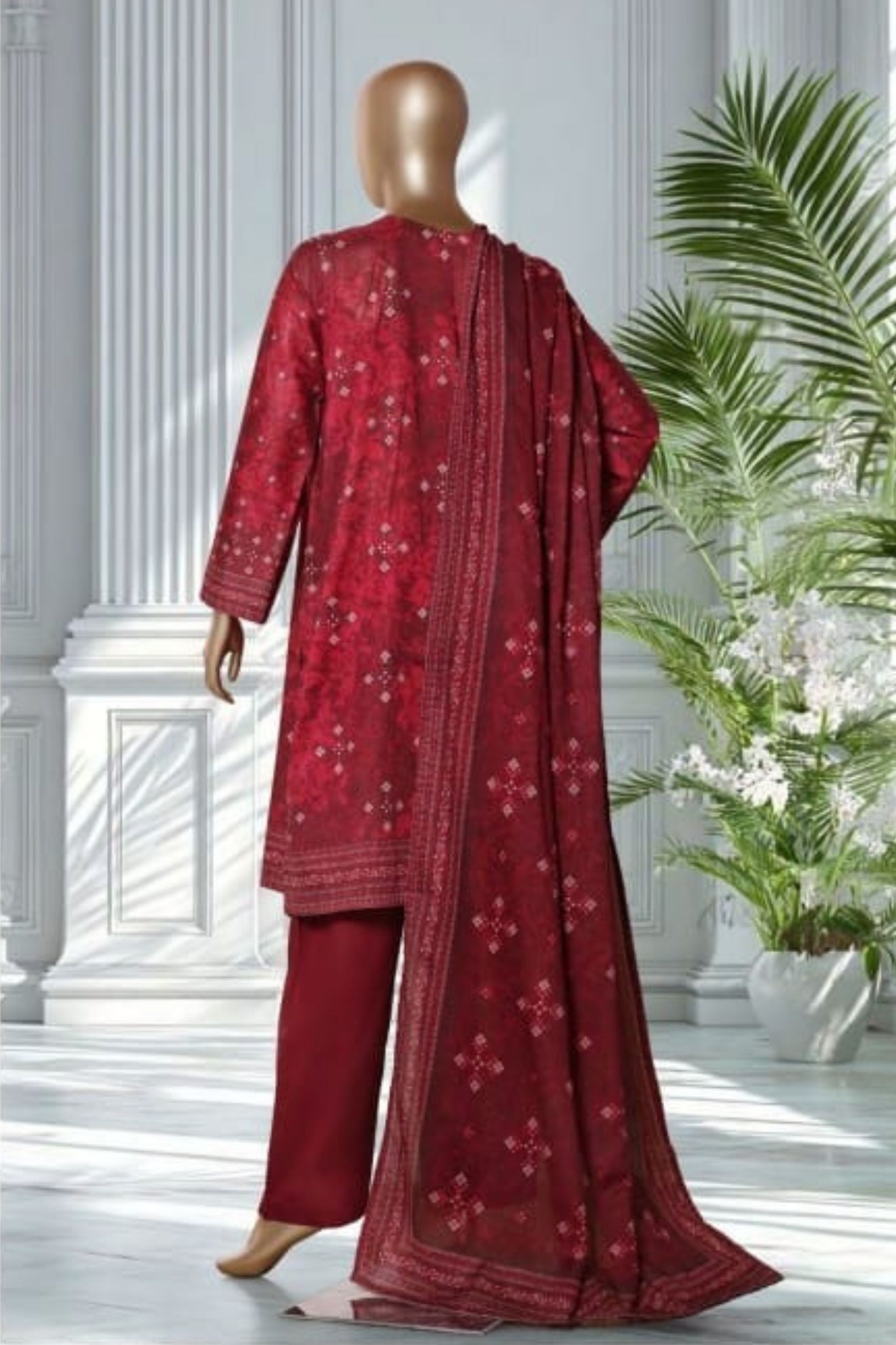 PTL-04 Bin Saeed Original Deep Maroon Printed Lawn 3-Piece Suit - Size XL