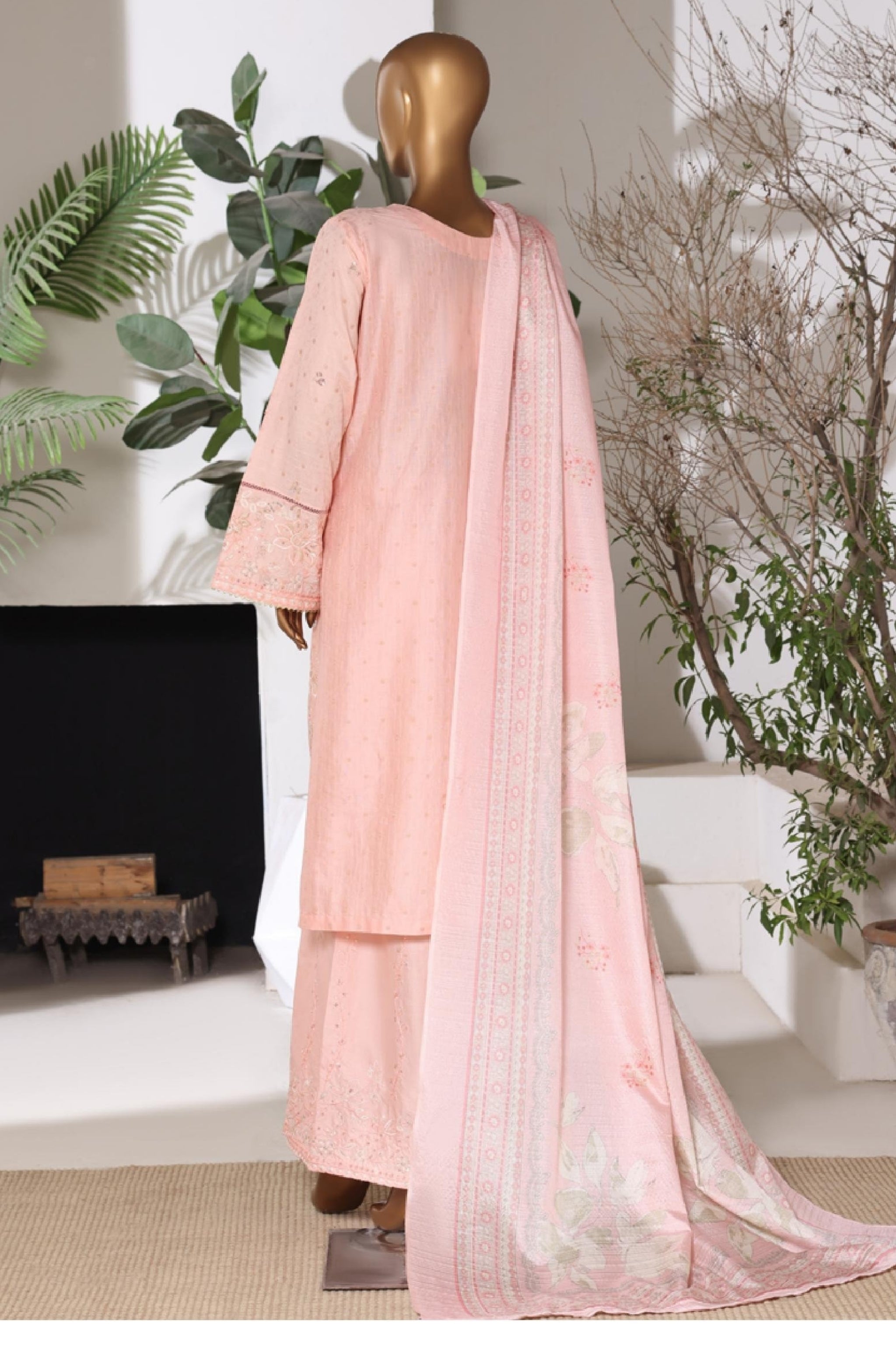 BSJ-004 Peach Pink Bin Saeed Luxury Embroidered Jacquard 3 Piece Suit