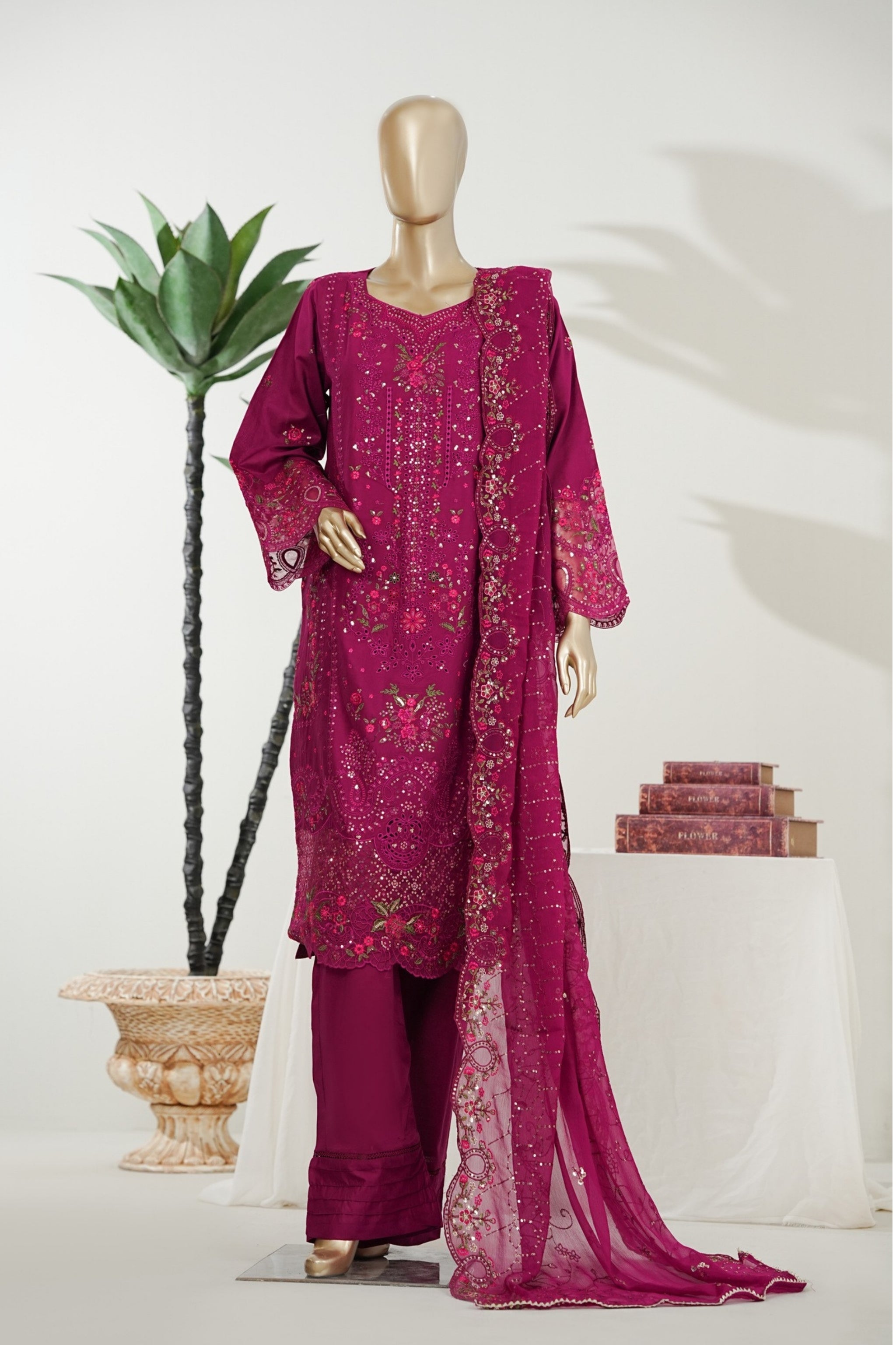 BM-009 - Bin Saeed Embroidered Printed Lawn - Magenta