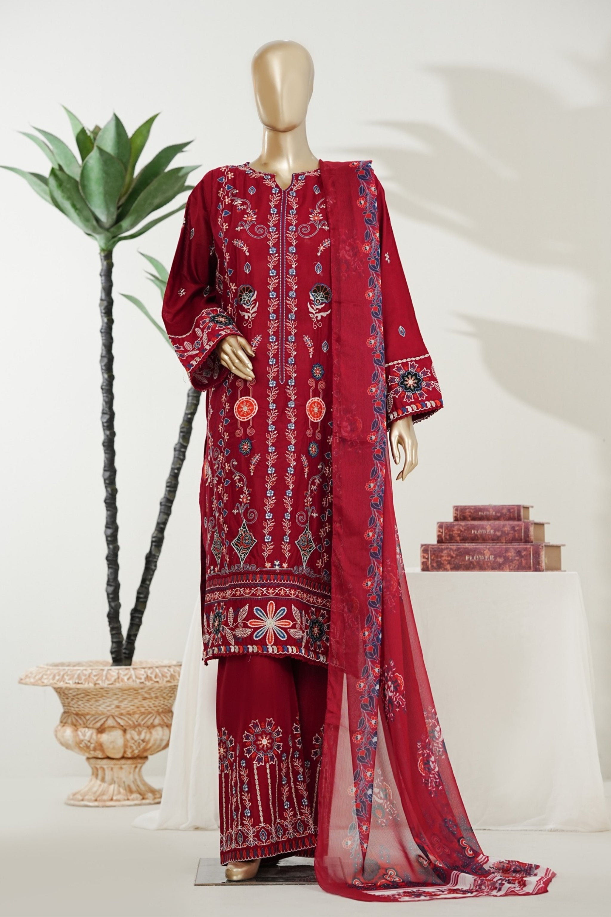 BM-006 - Bin Saeed Embroidered Printed Lawn - Maroon