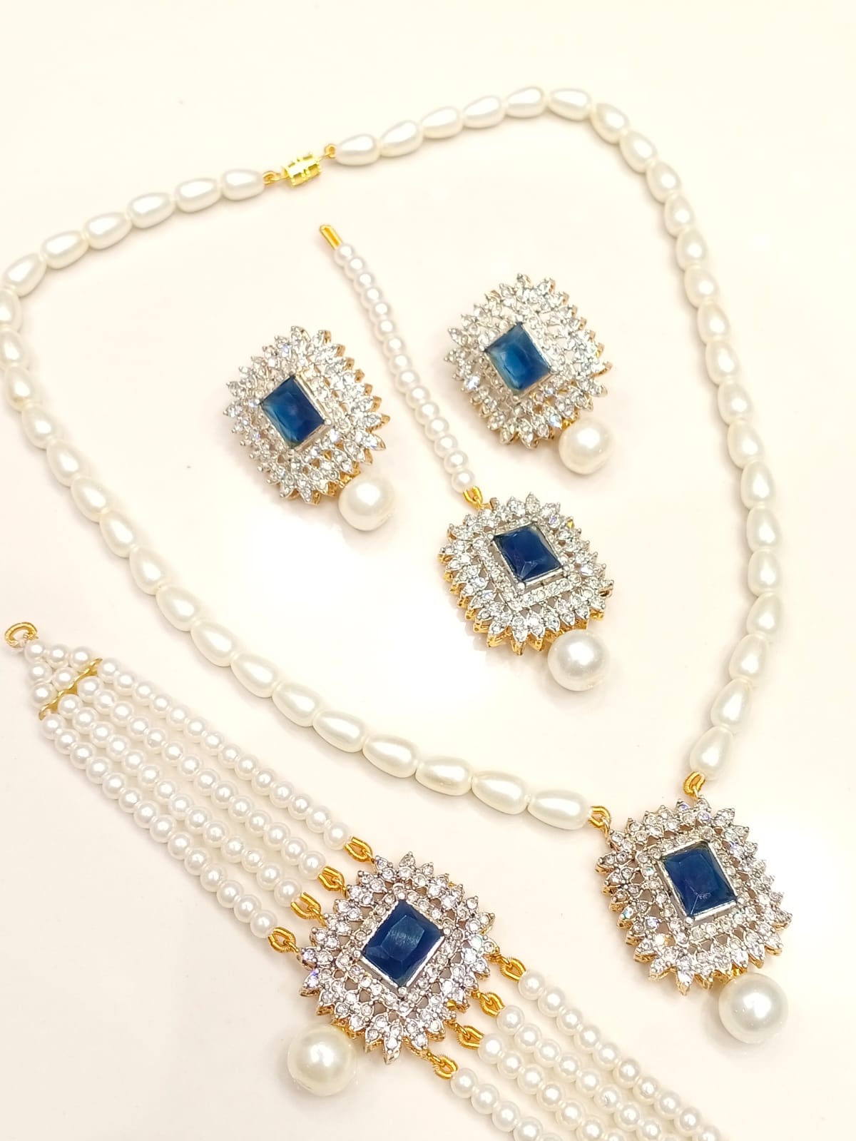 Complete 4-Piece Pearl & Crystal Jewelry Set | Necklace, Earrings, Tikka & Bracelet BMJ-003