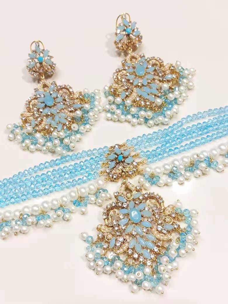 Heavy Floral Crystal Choker Set with Pearl Drops | 9 Vibrant Colors BMJ-004