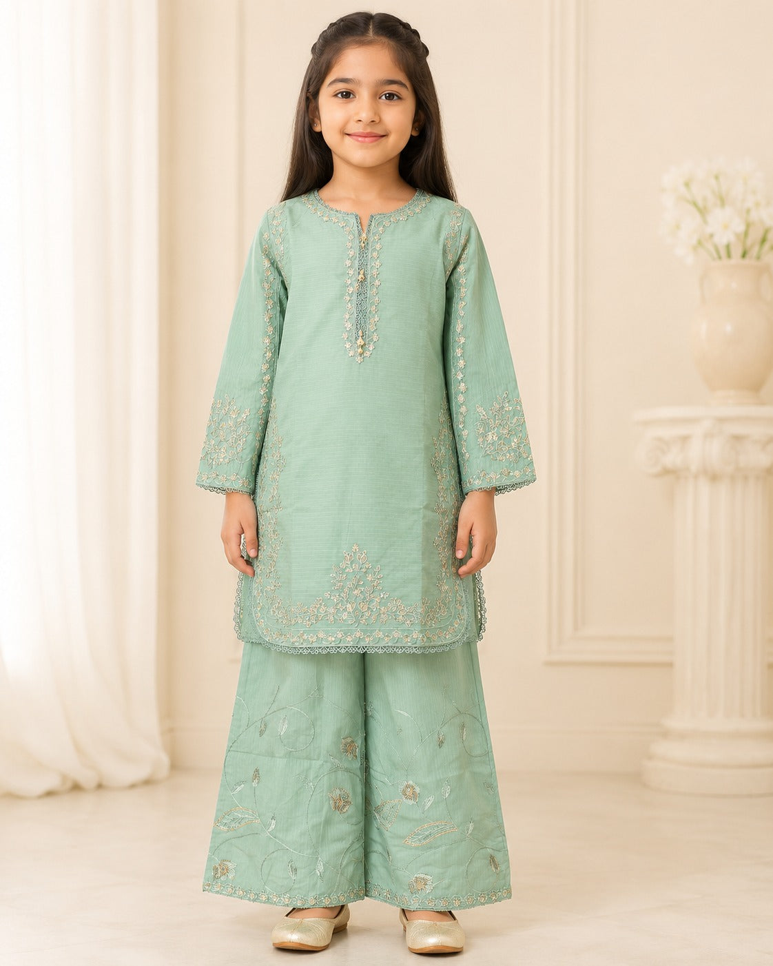 KD-05 Fuchsia Girls Embroidered 2-Piece Kurta & Sharara Set – Traditional Dress for Girls