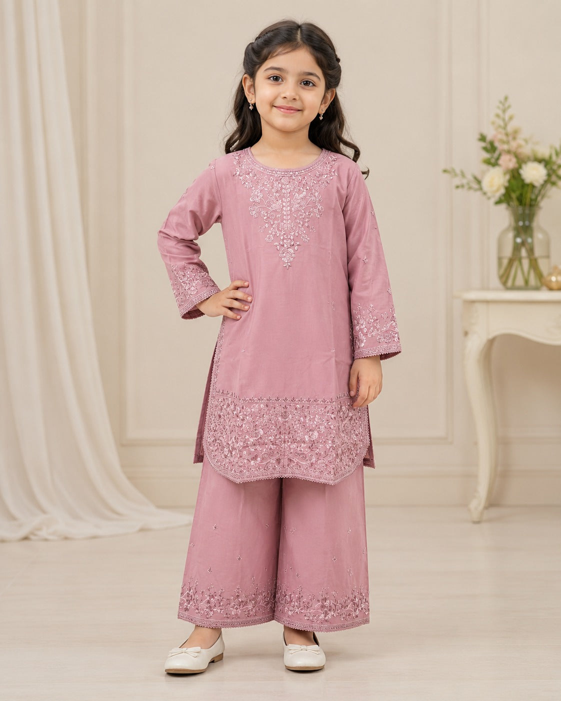 KD-02 Pink Girls Embroidered 2-Piece Kurta & Sharara Set – Traditional Dress for Girls