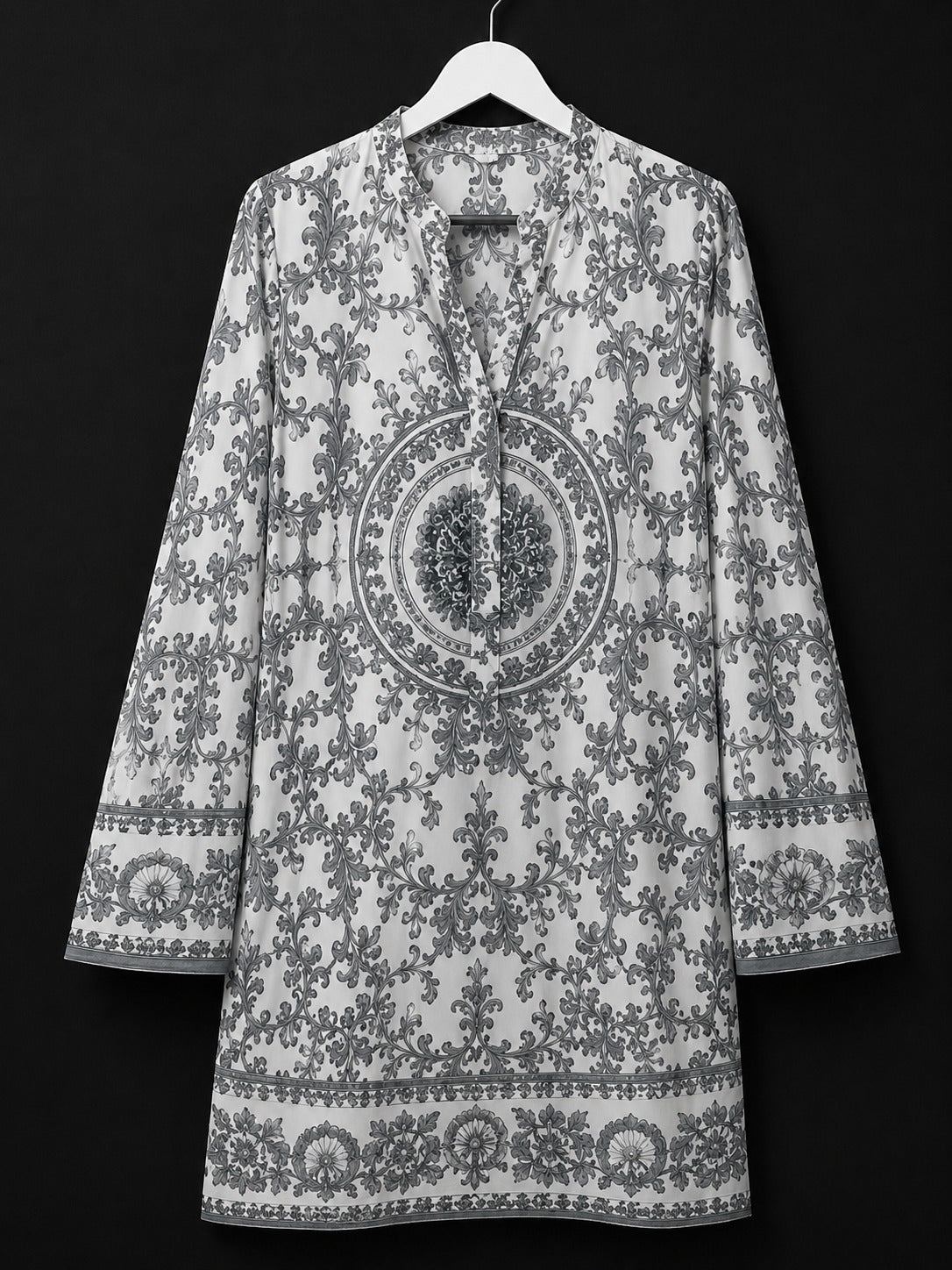LT-003 White Grey Baroque Print Linen Shirt