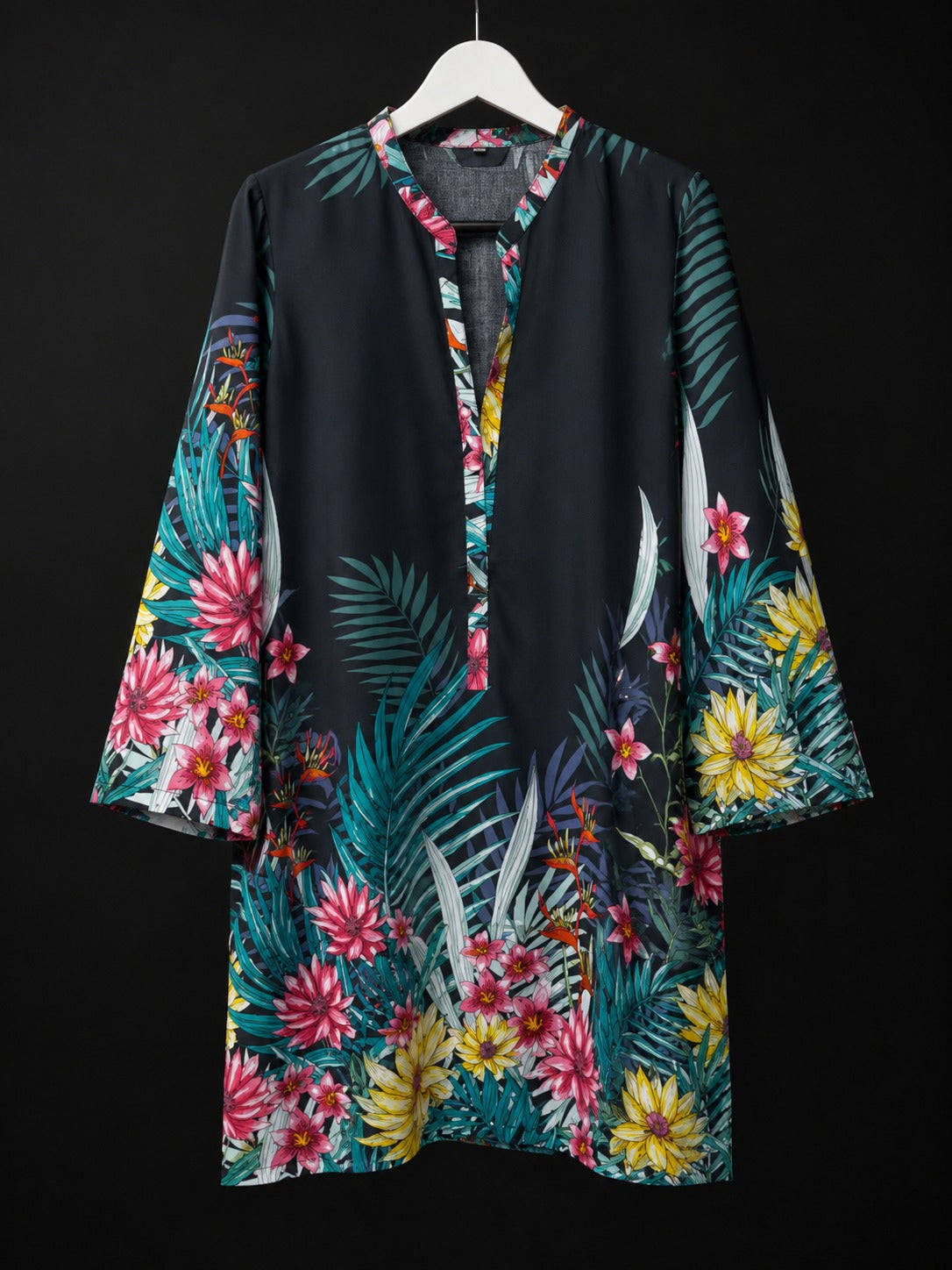 LT-001 Black Tropical Floral Print Linen Tunic Shirt