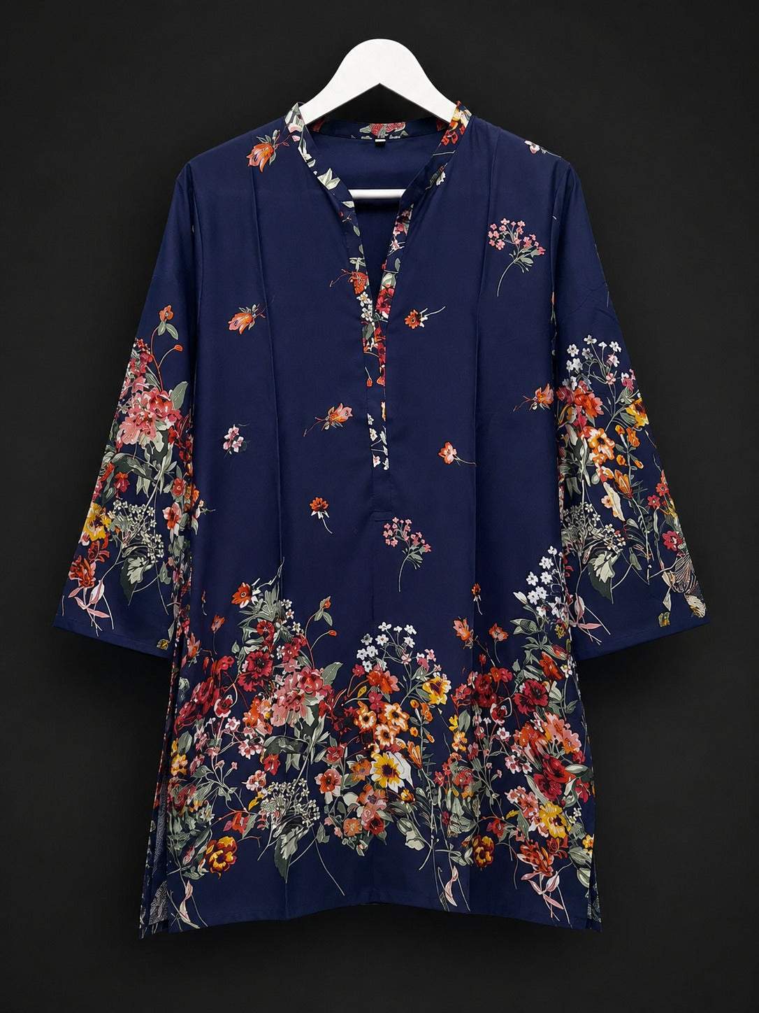 LT-002 Navy Blue Floral Border Print Linen Tunic Shirt
