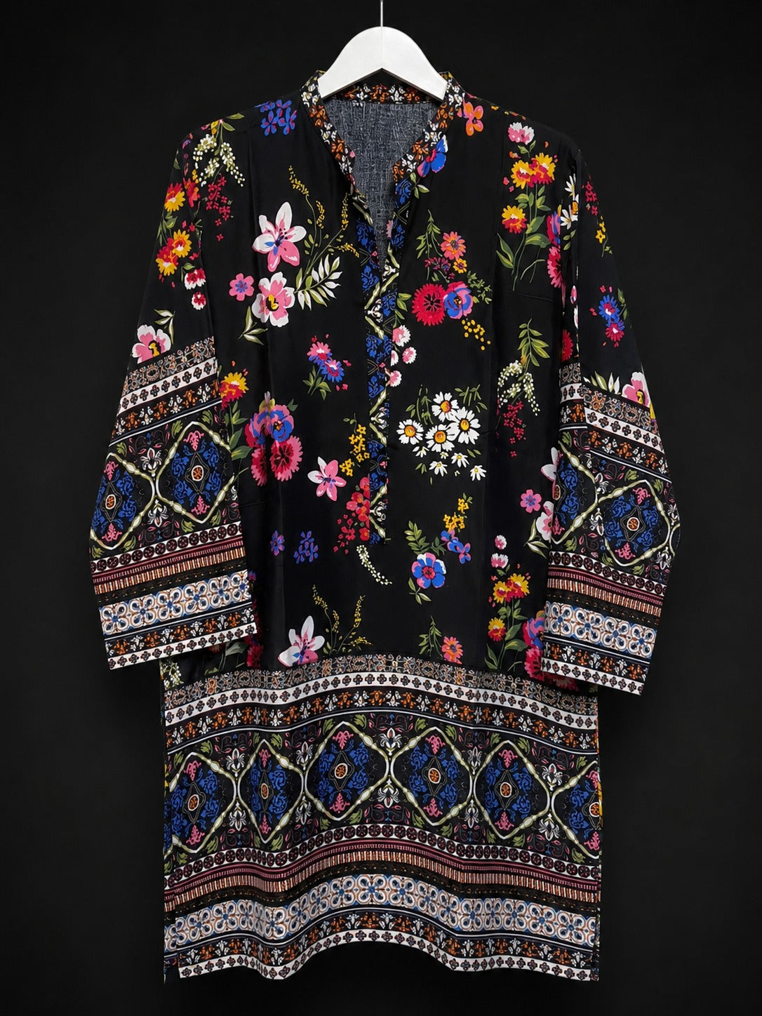 LT-006 Black Multi Floral Border Print Linen Tunic Shirt