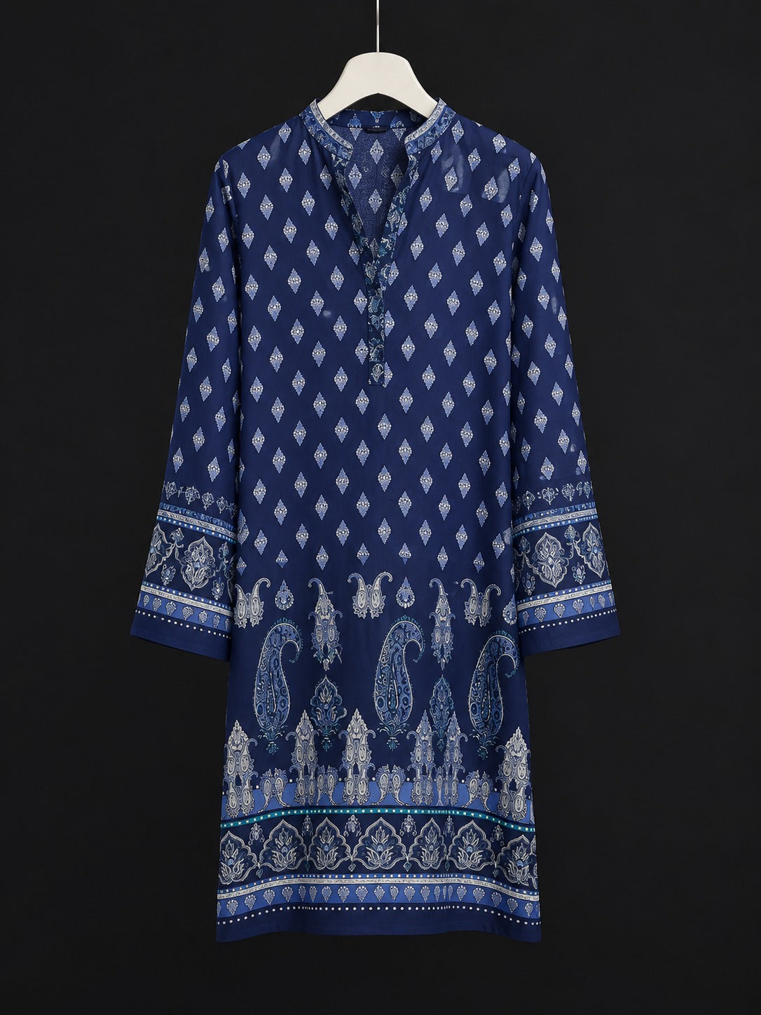 LT-004 Navy Blue Paisley Border Print Linen Tunic Shirt