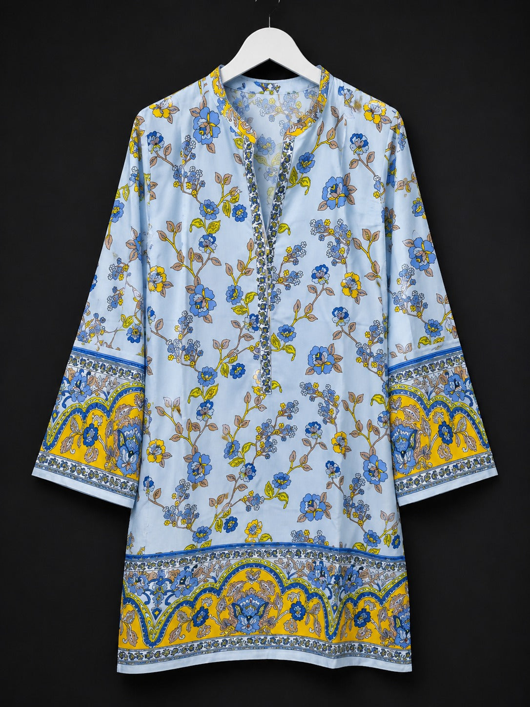 LT-005 Light Blue Floral Border Print Linen Tunic Shirt