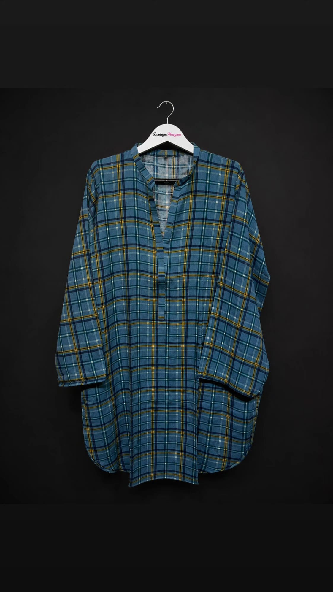 LT-010 Teal Blue Check Print Linen Tunic Shirt
