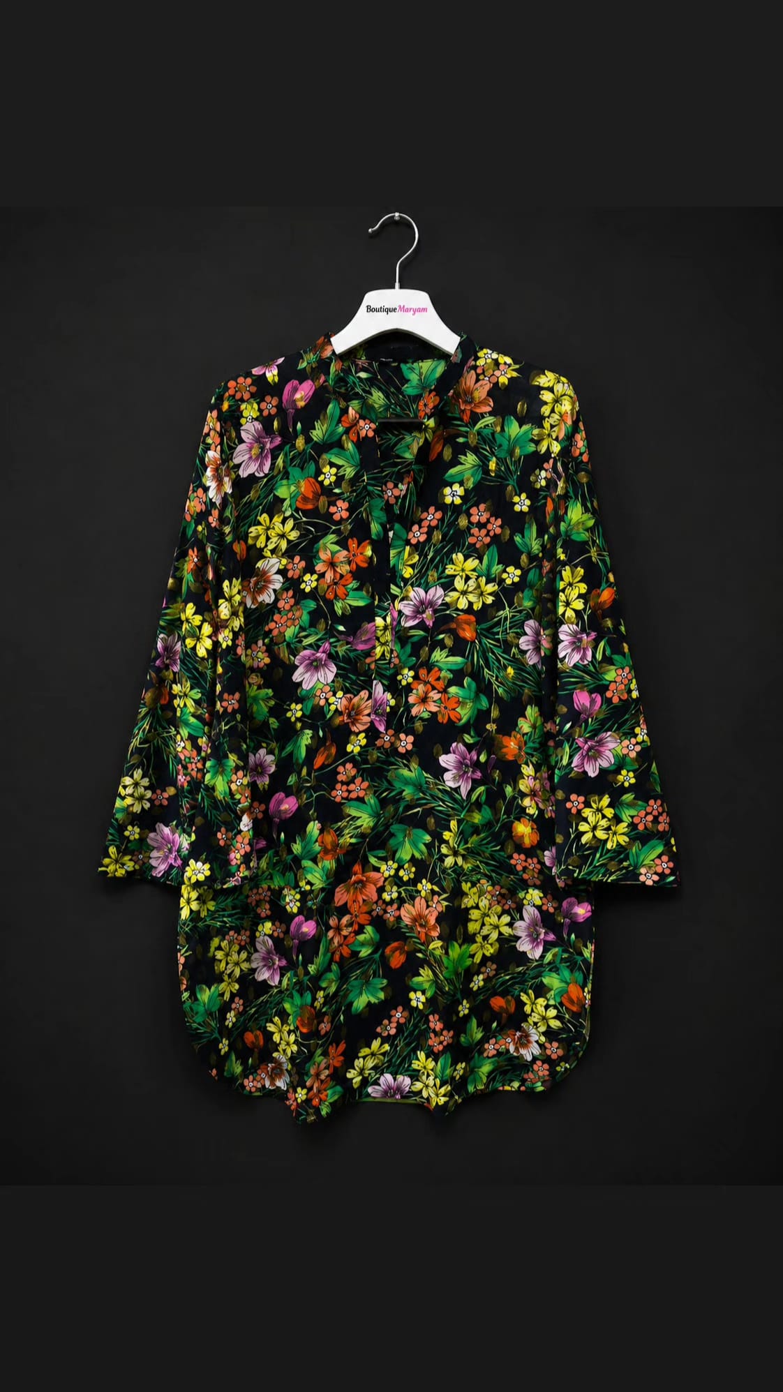 LT-015 Black Garden Floral Print Linen Tunic Shirt