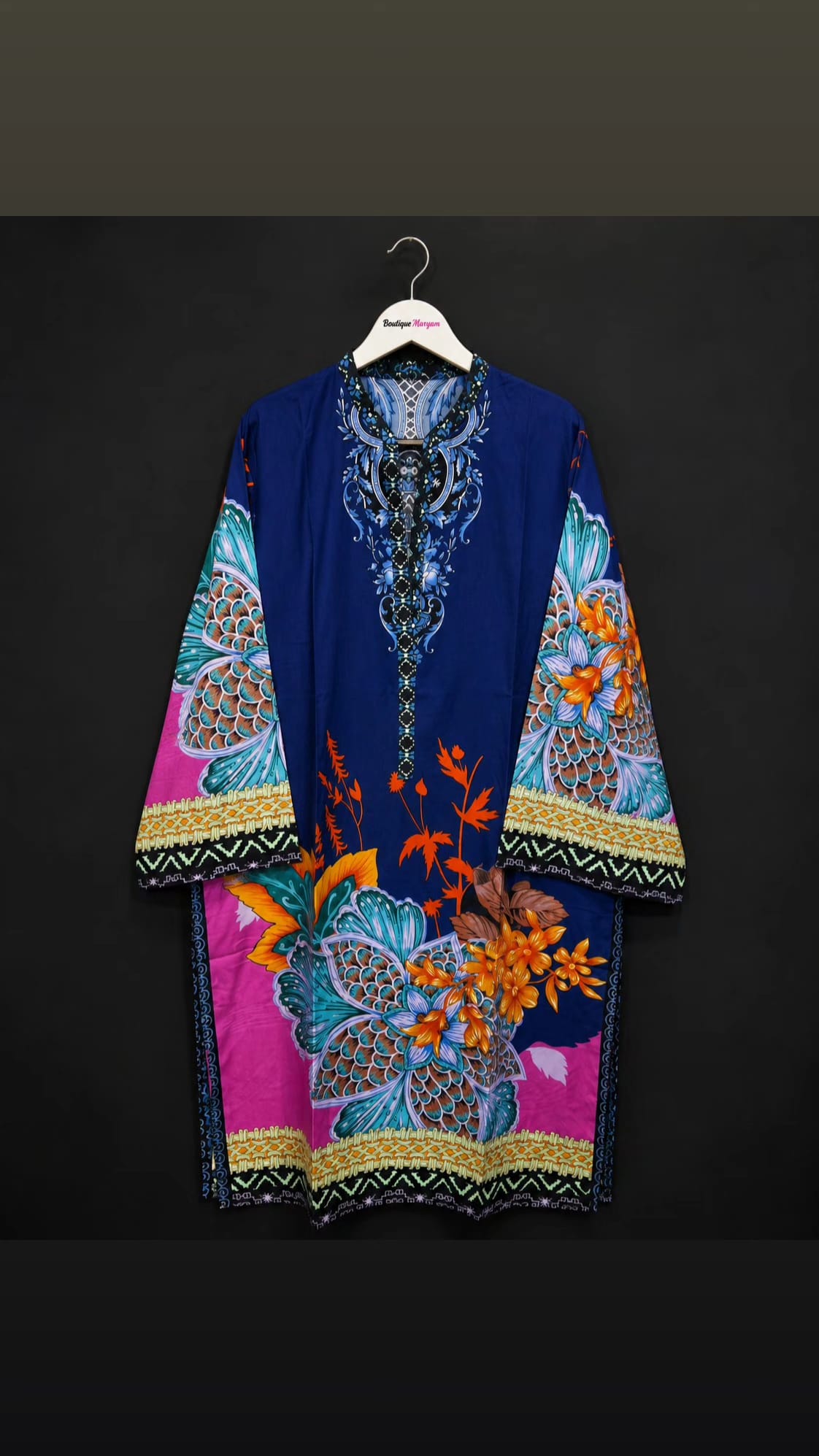 LT-014 Royal Blue Statement Floral Print Linen Tunic Shirt