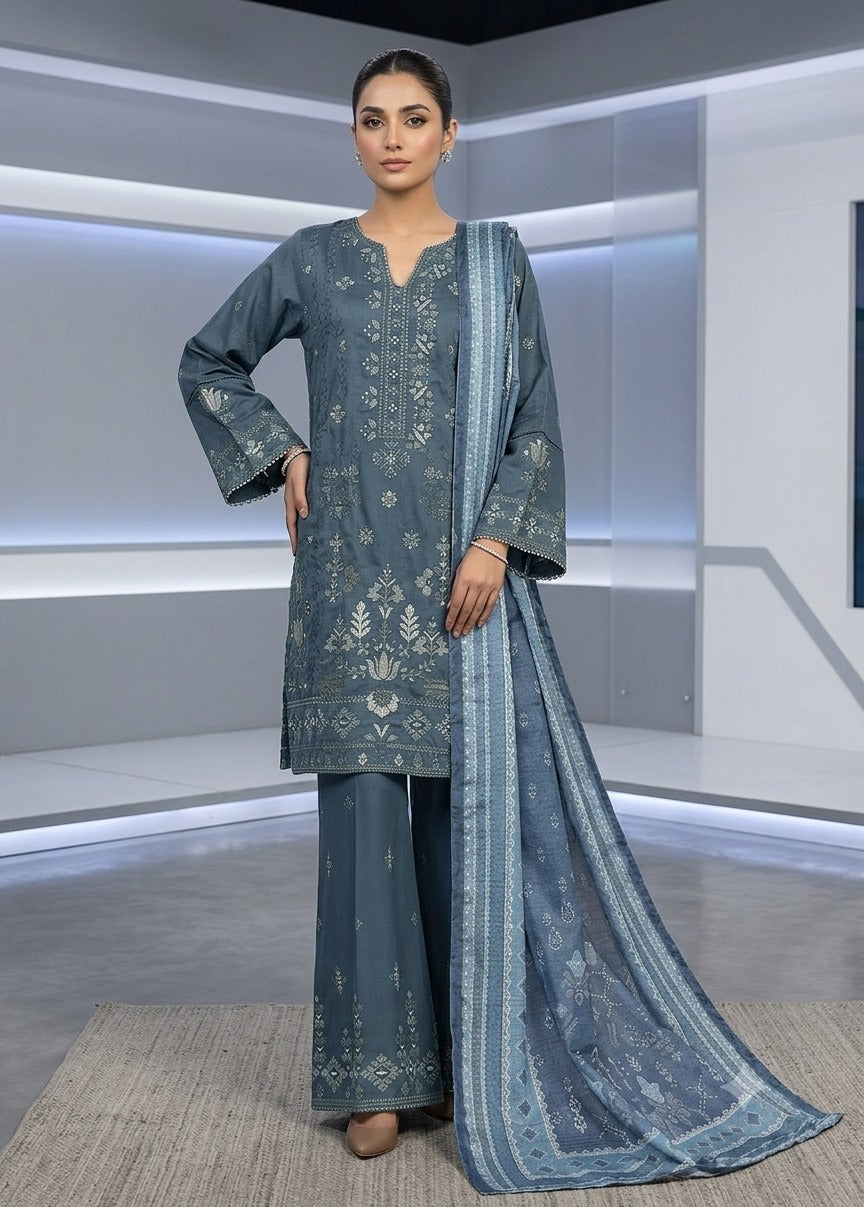 BSJ-008 Dusty Blue Bin Saeed Luxury Embroidered Jacquard 3 Piece Suit